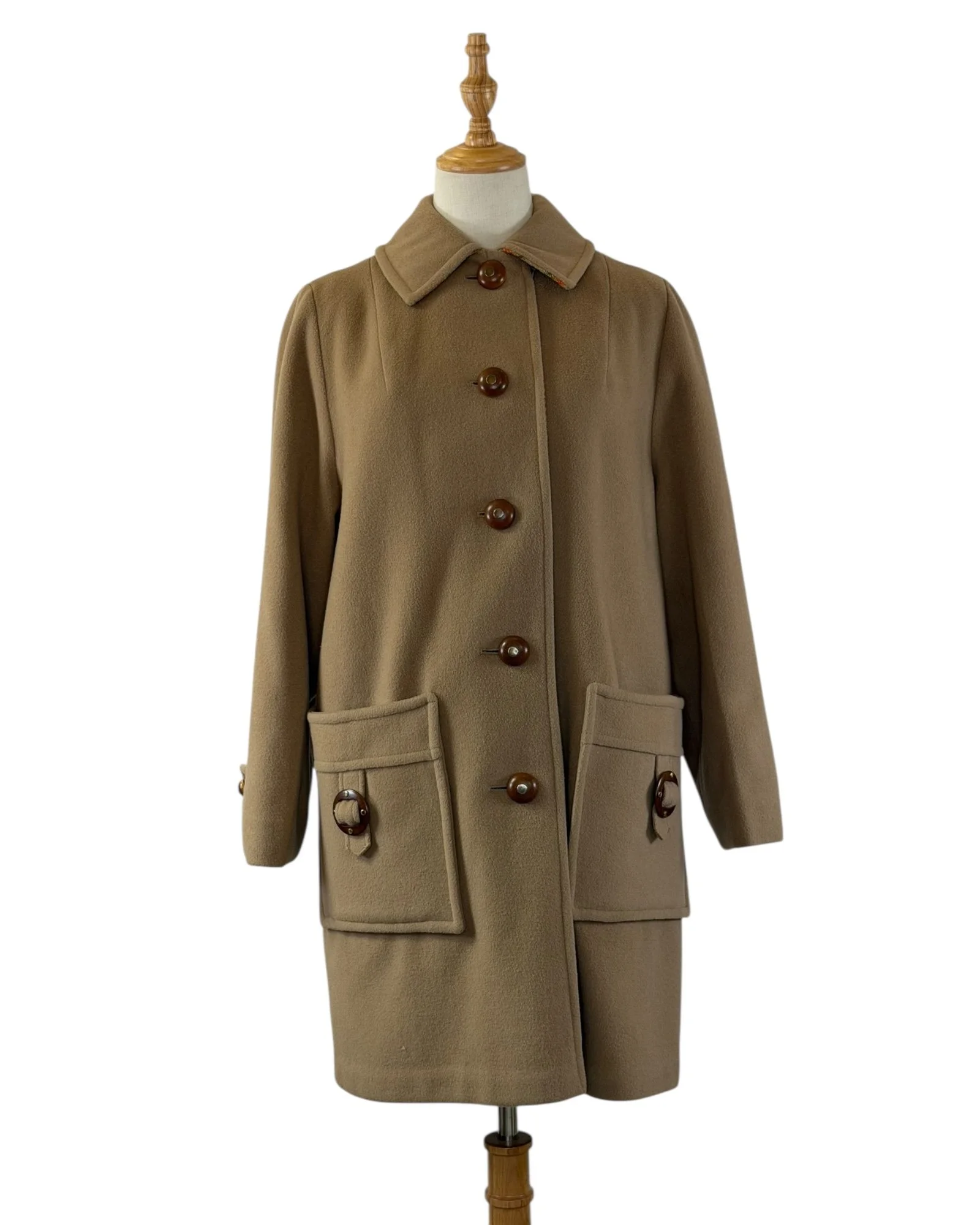 Vintage 1960s/1970s Penguin Fashions Tan Wool Coat with Wood Buttons