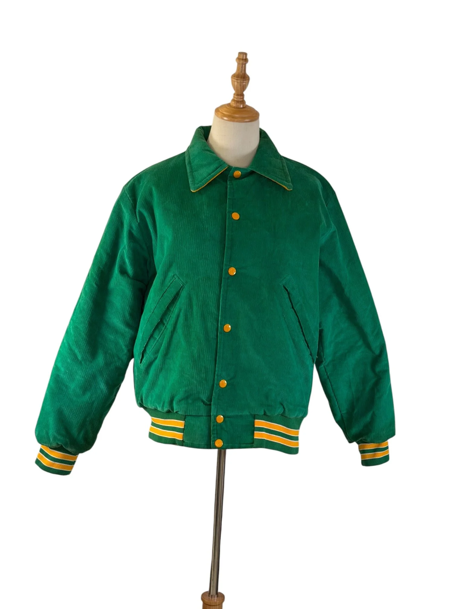Vintage 80s Birdie Green Corduroy Varsity Bomber Jacket with Saint Christopher Embroidery