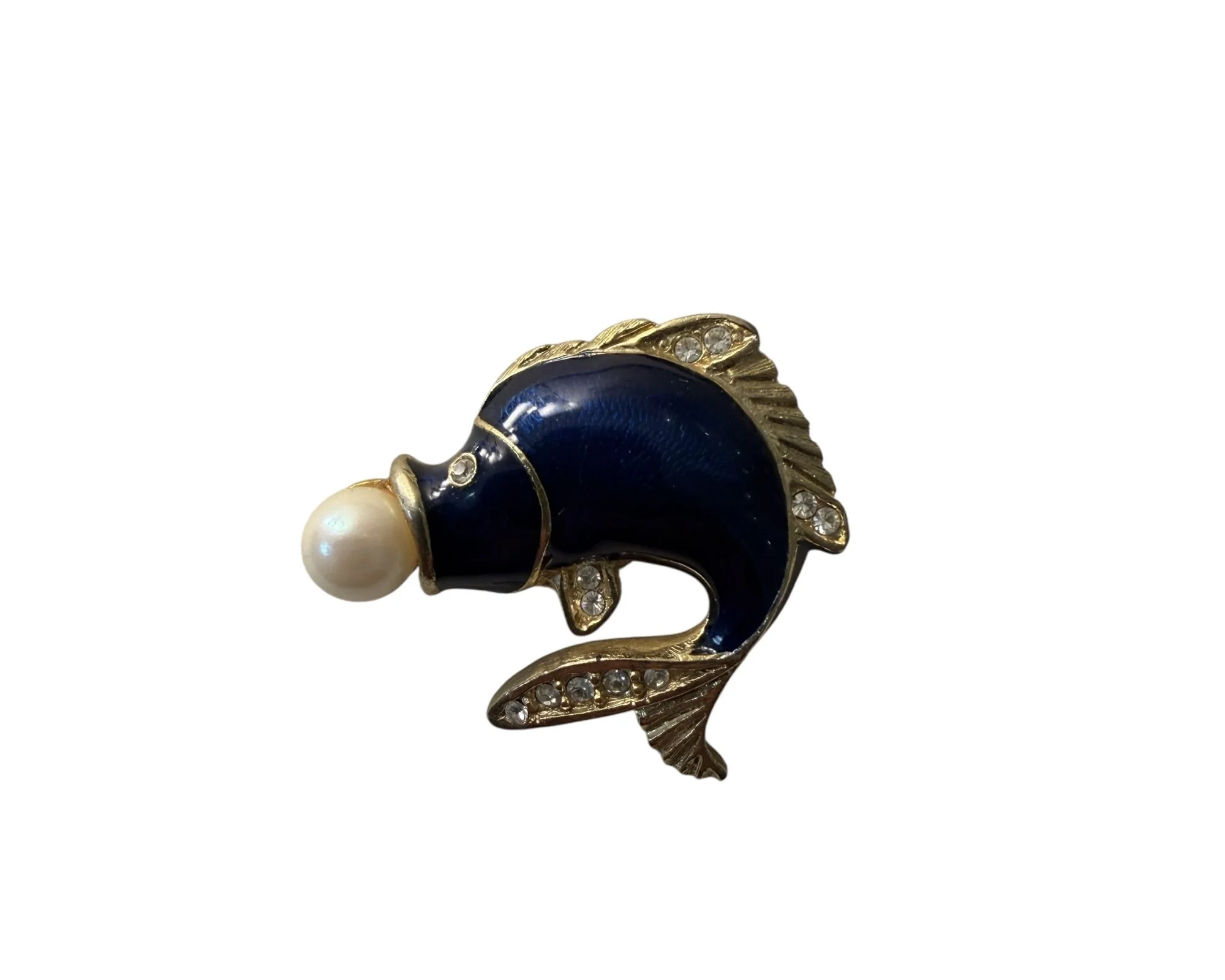 Vintage Gold Toned Blue Fish Brooch