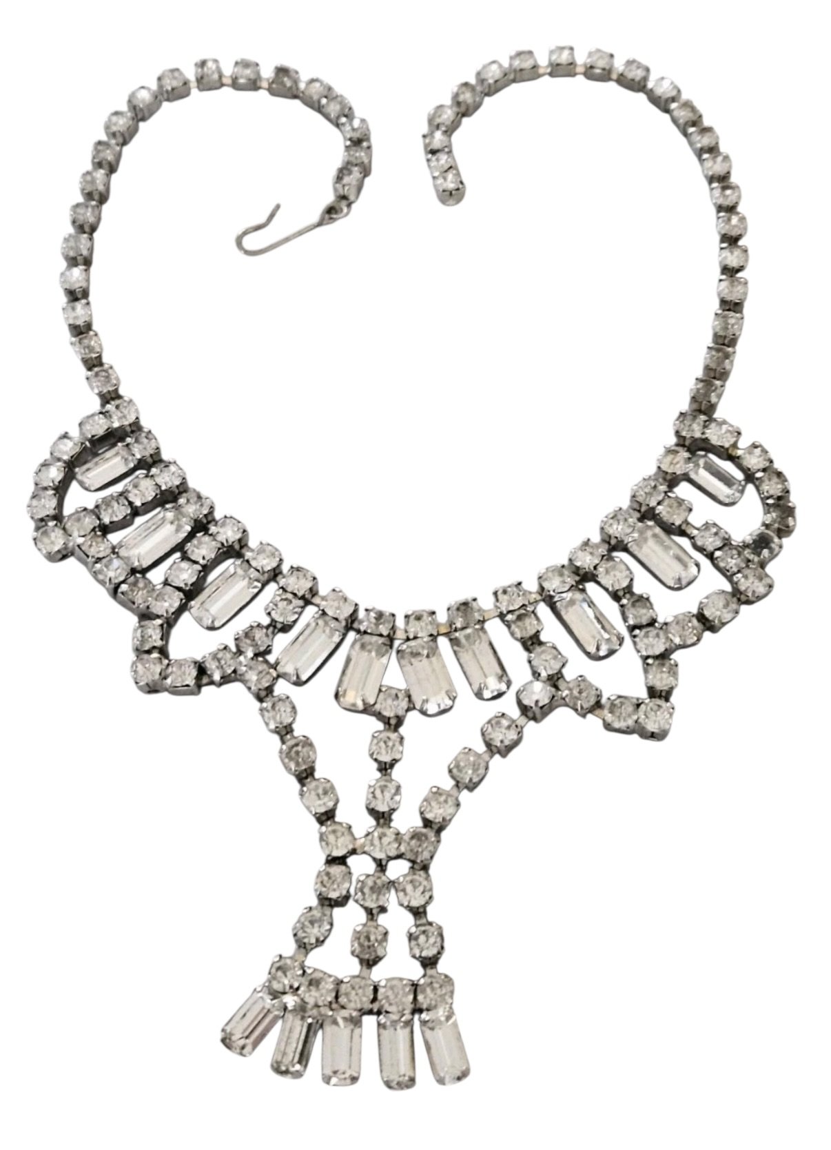 Vintage Silver Toned Rhinestone Statement Collar Necklace, 15" Long