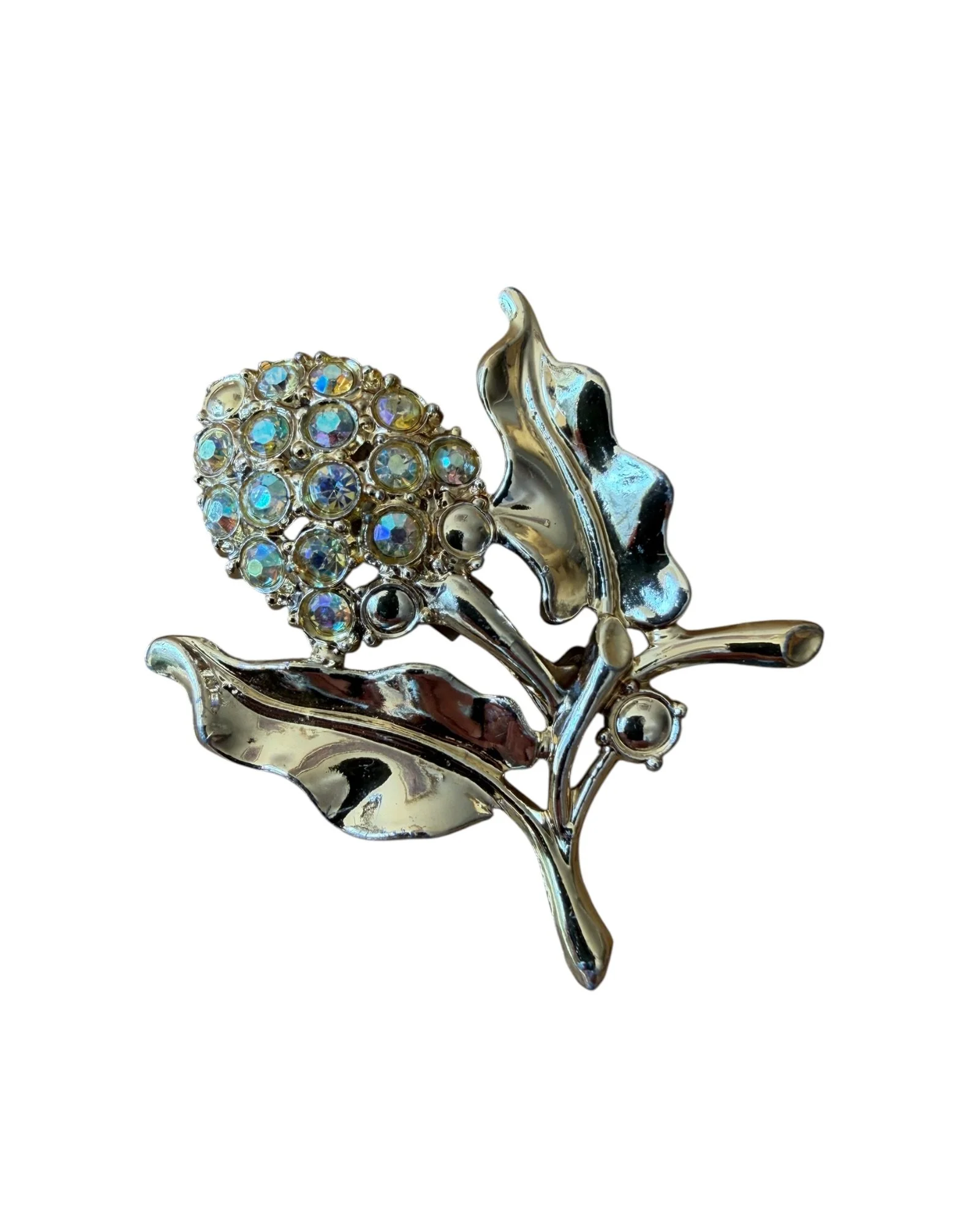 Vintage Polished Gold Toned Aurora Borealis Rhinestone Floral Acorn Brooch