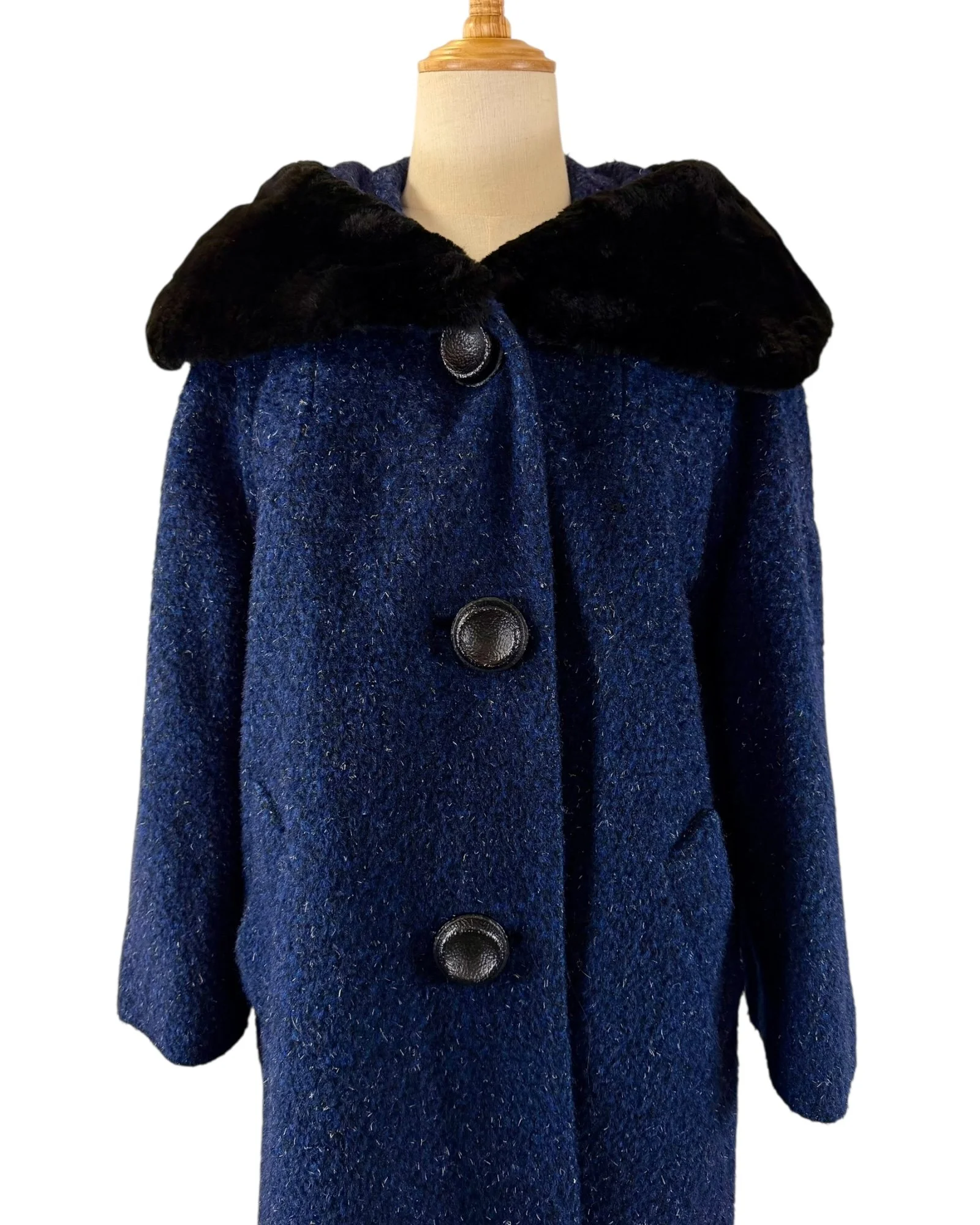 Vintage 1960s/1970s Blue Italian Wool Tweed Coat with Black Faux Fur Collar