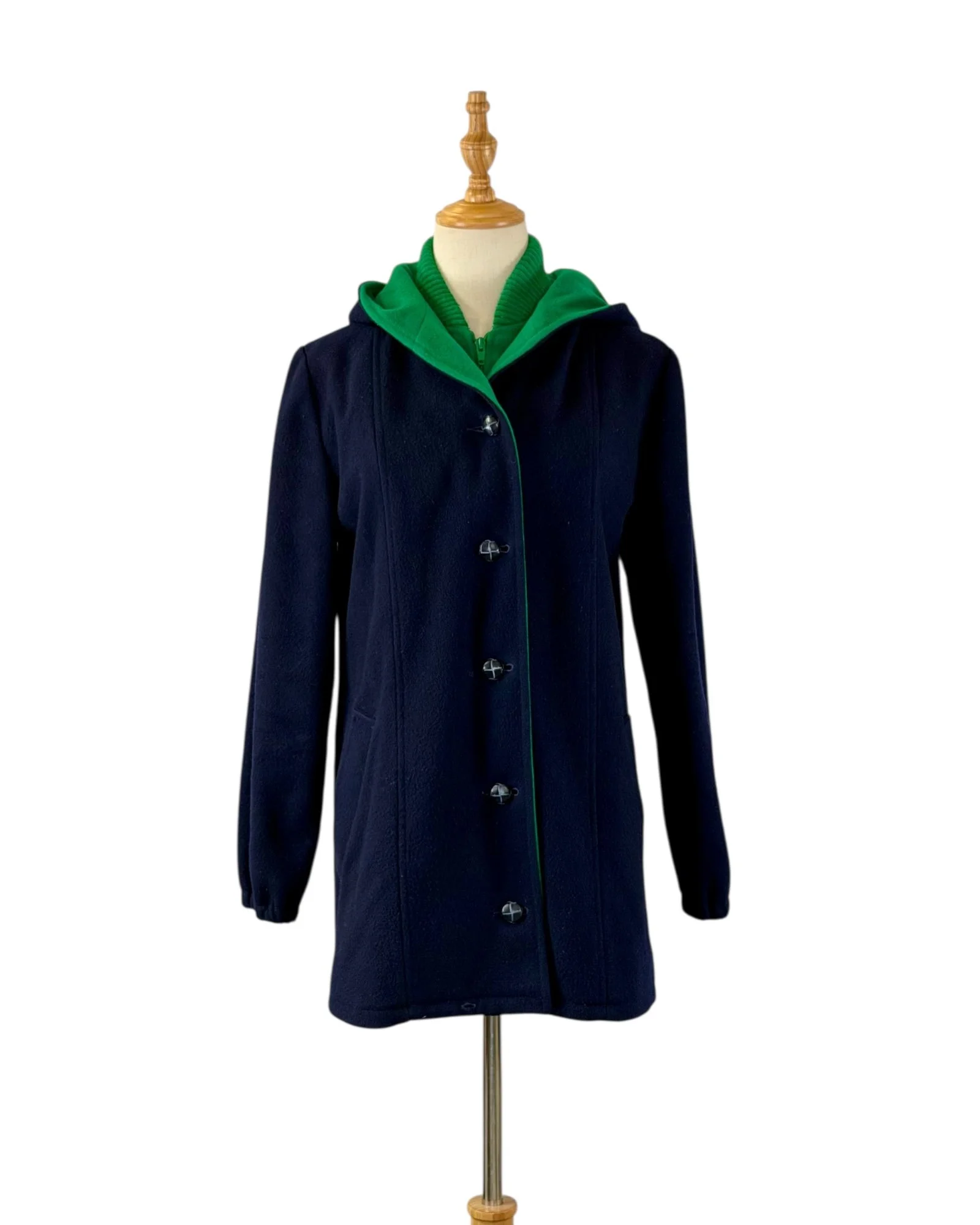 Vintage 1980s/1990s Navy Blue & Green 100% Wool Hooded Mackintosh Vestcoat