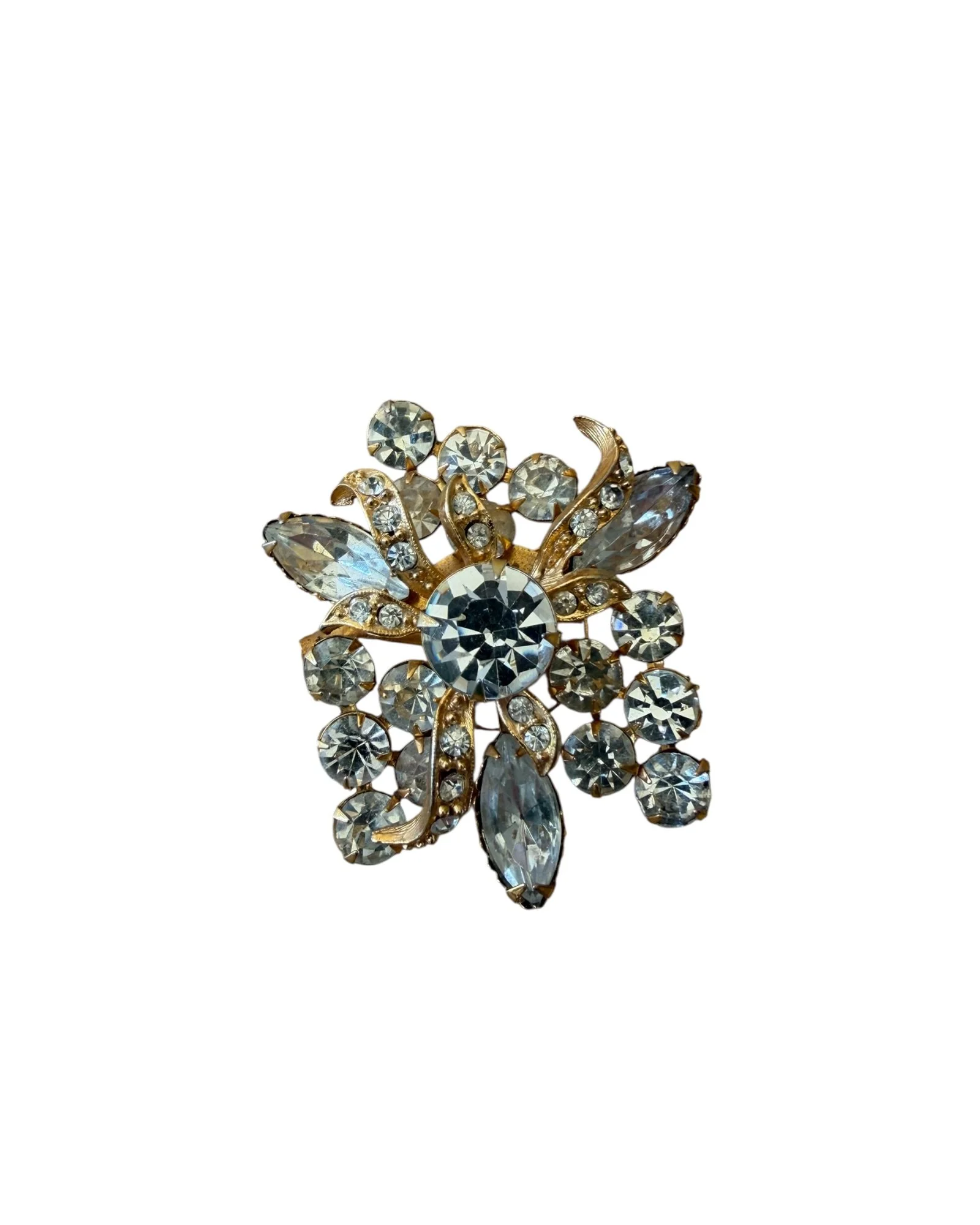 Vintage Gold Toned Floral Rhinestone Brooch