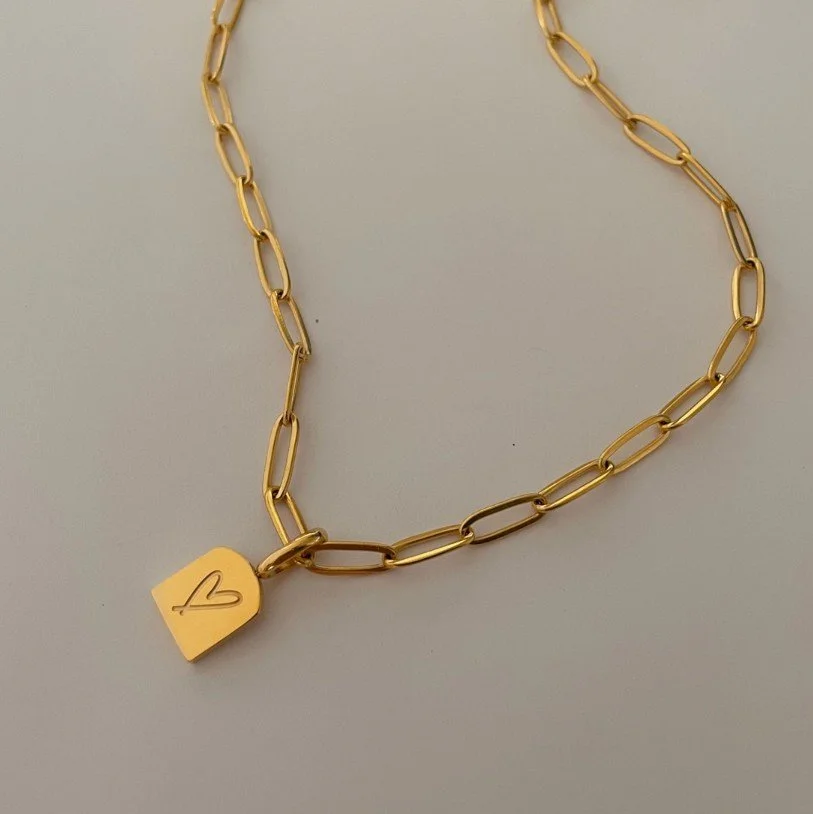 18k Gold Plated Boho Heart Paperclip Chain Necklace, 17" Long