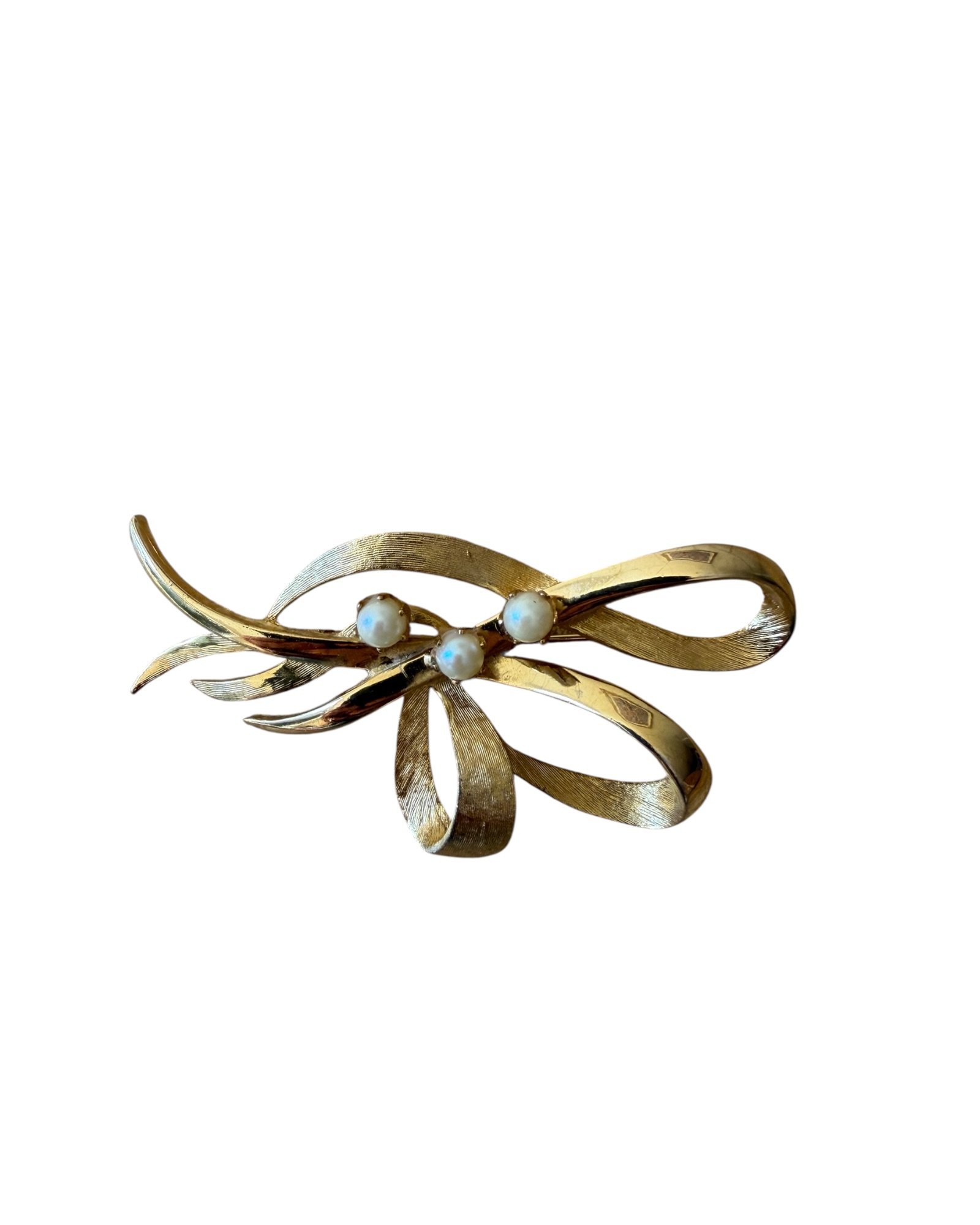 Vintage Large Gold Toned Ribbon Pearl Brooch