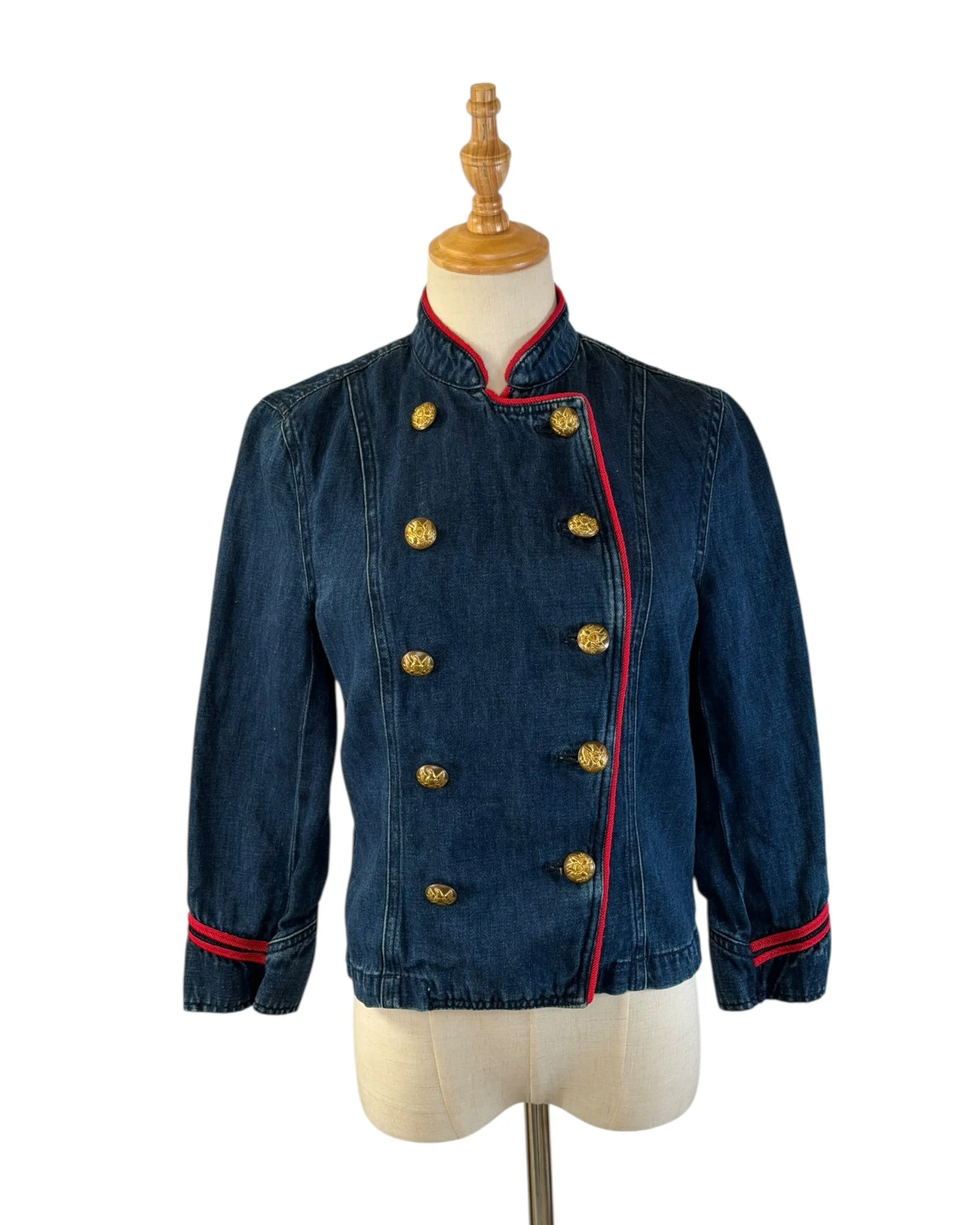 Vintage Y2K Lauren Jeans Co. Ralph Lauren Military Style Double Breasted Denim Jacket with Red Trim