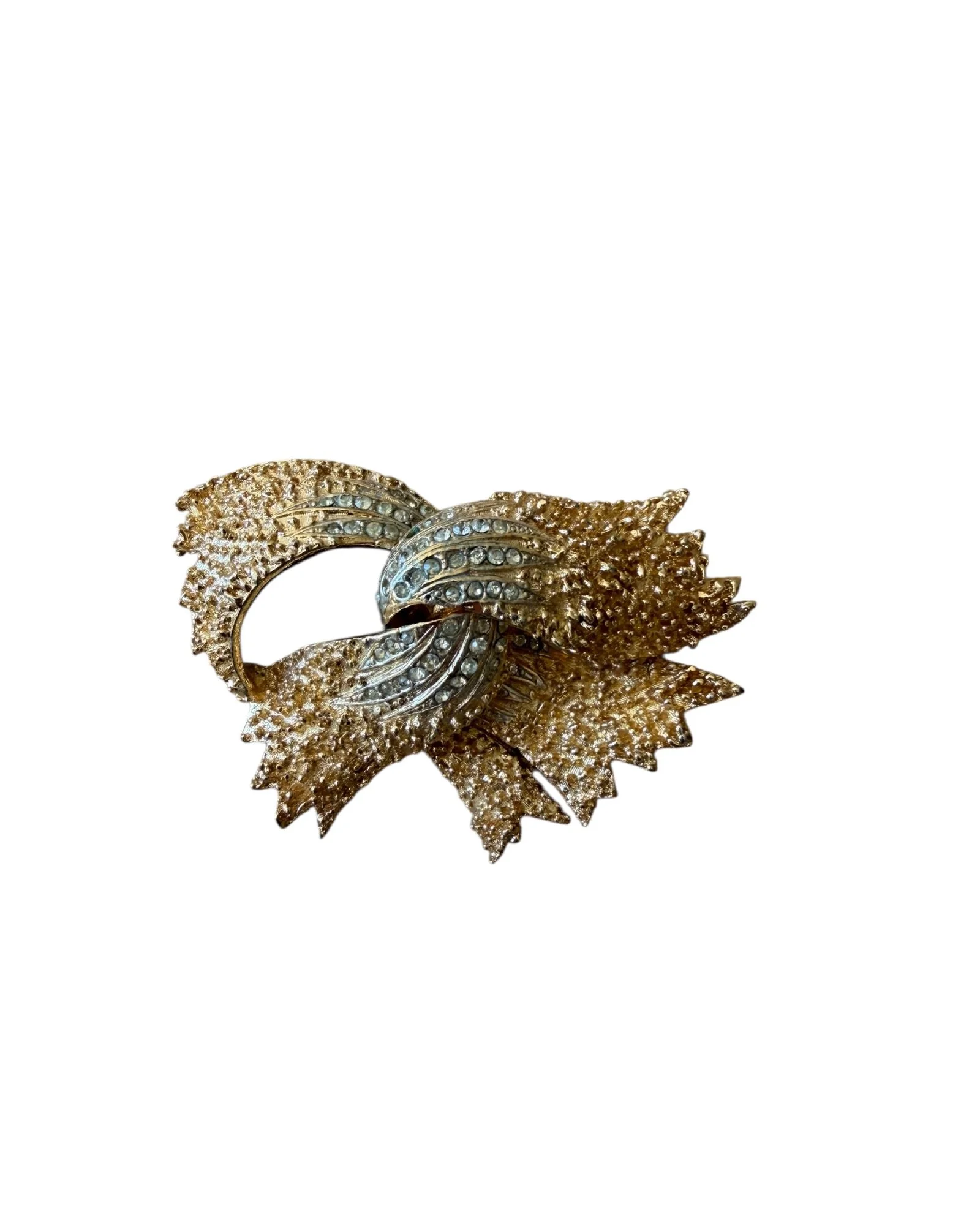 Vintage 50s/60s Corocraft Large Textured Gold Toned Rhinestone Ribbon Brooch