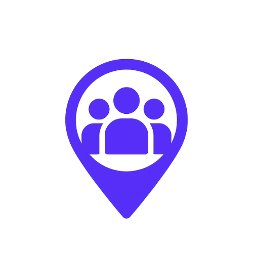 A blue location pin icon with three people inside, representing a group or community.