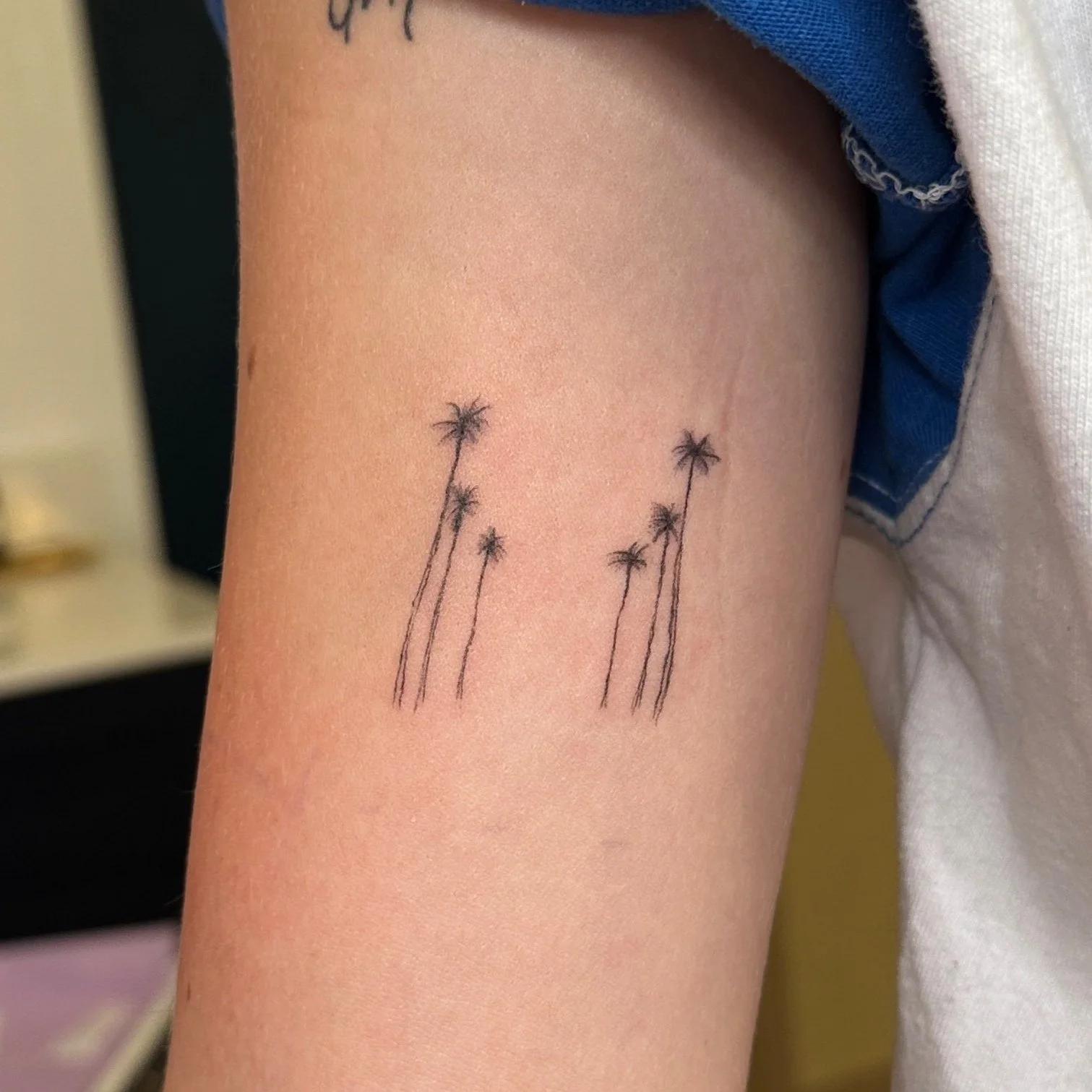 Fine line tattoo of small palm trees on a person's arm done in Los Angeles