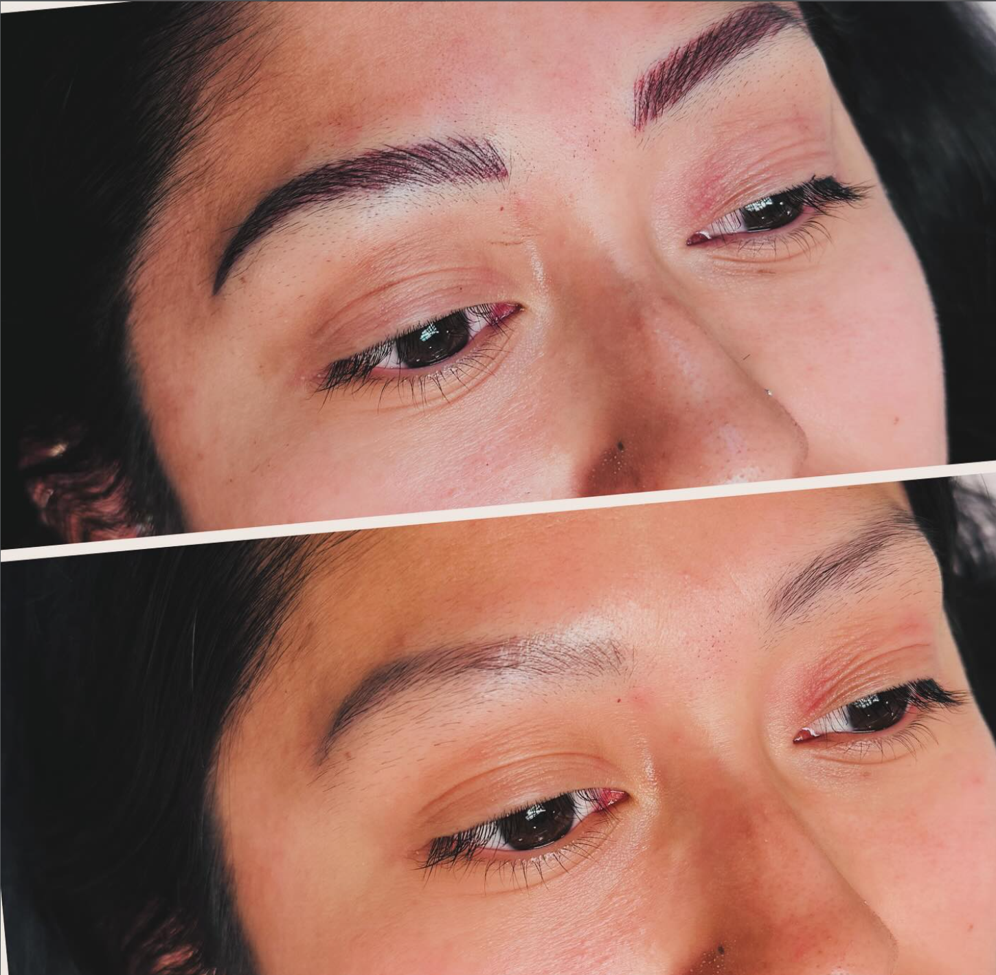 Woman's face demonstrating nano eyebrows before and after