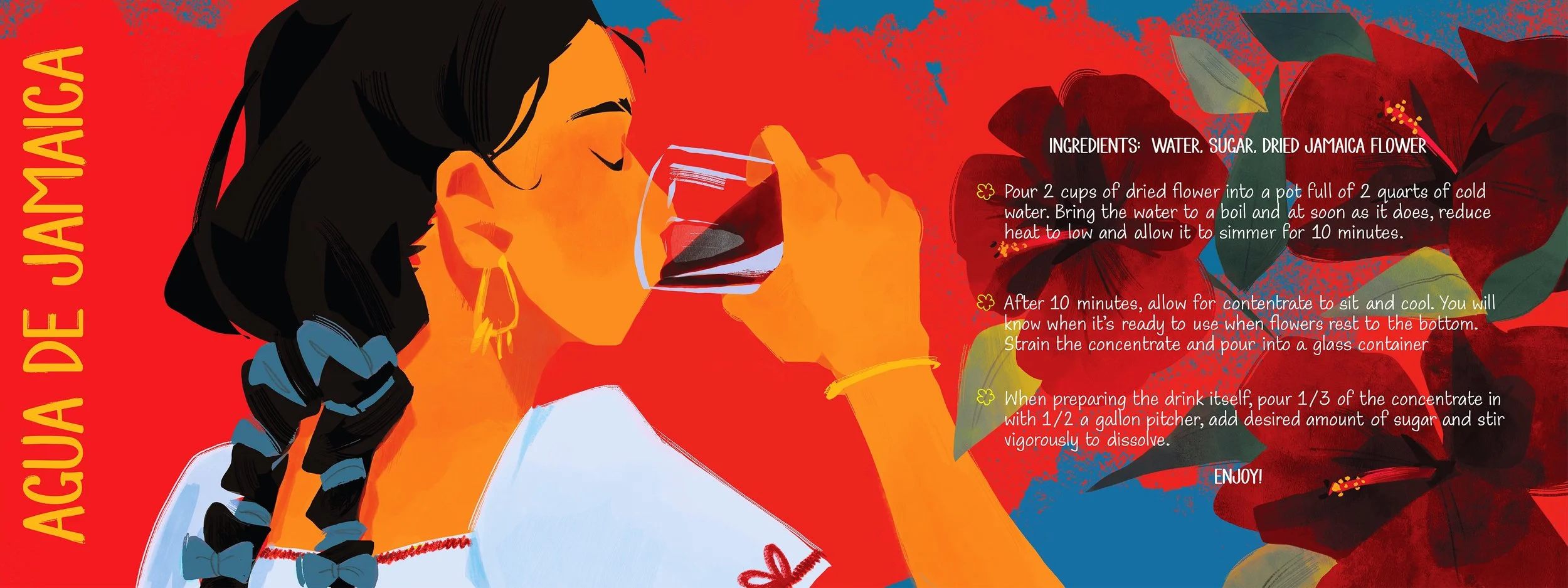 recipe illustration for agua de jamaica, depicting a woman dressed in traditional mexican fashion, lineless style