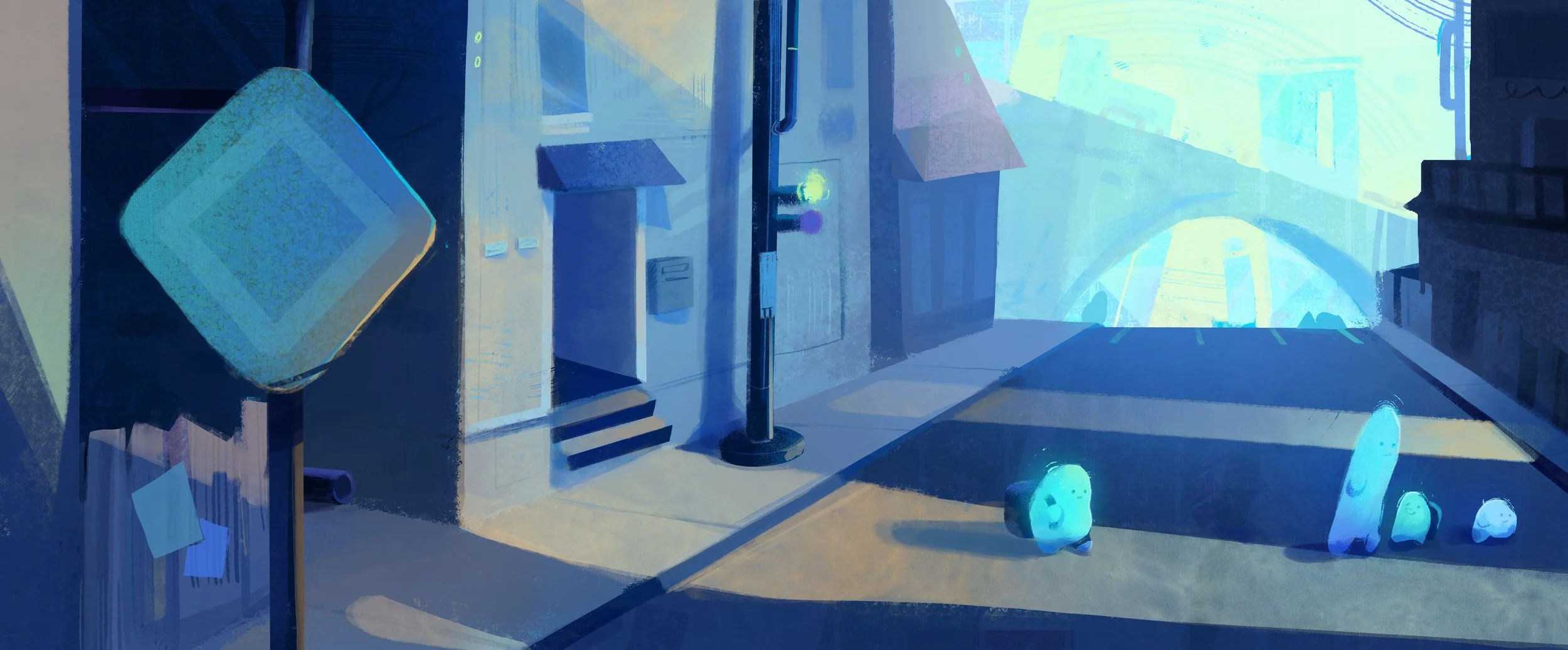 childrens illustration depicting four glowing figures, walking through sci fi world