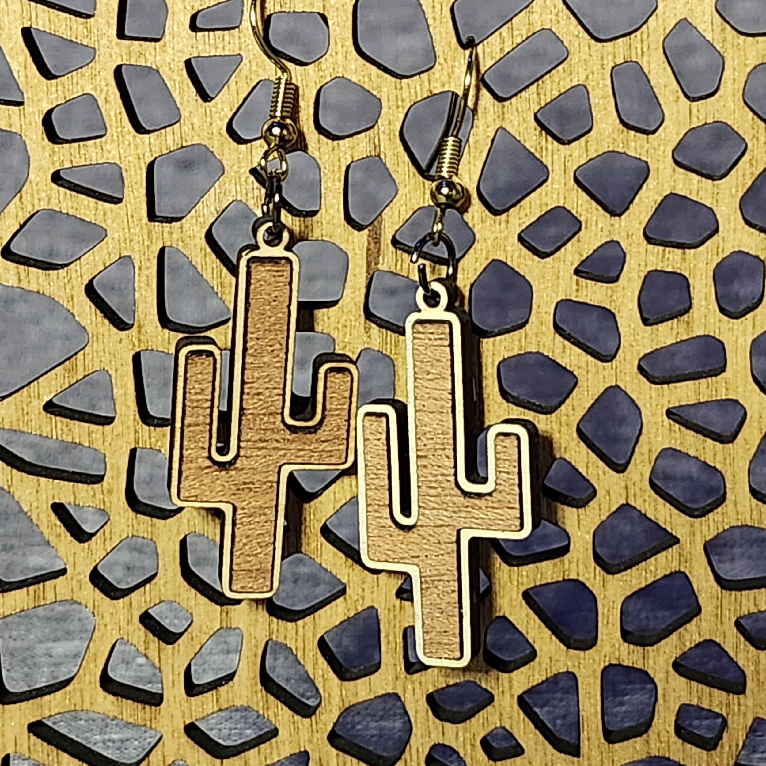 Inlayed Wood Cactus Earrings