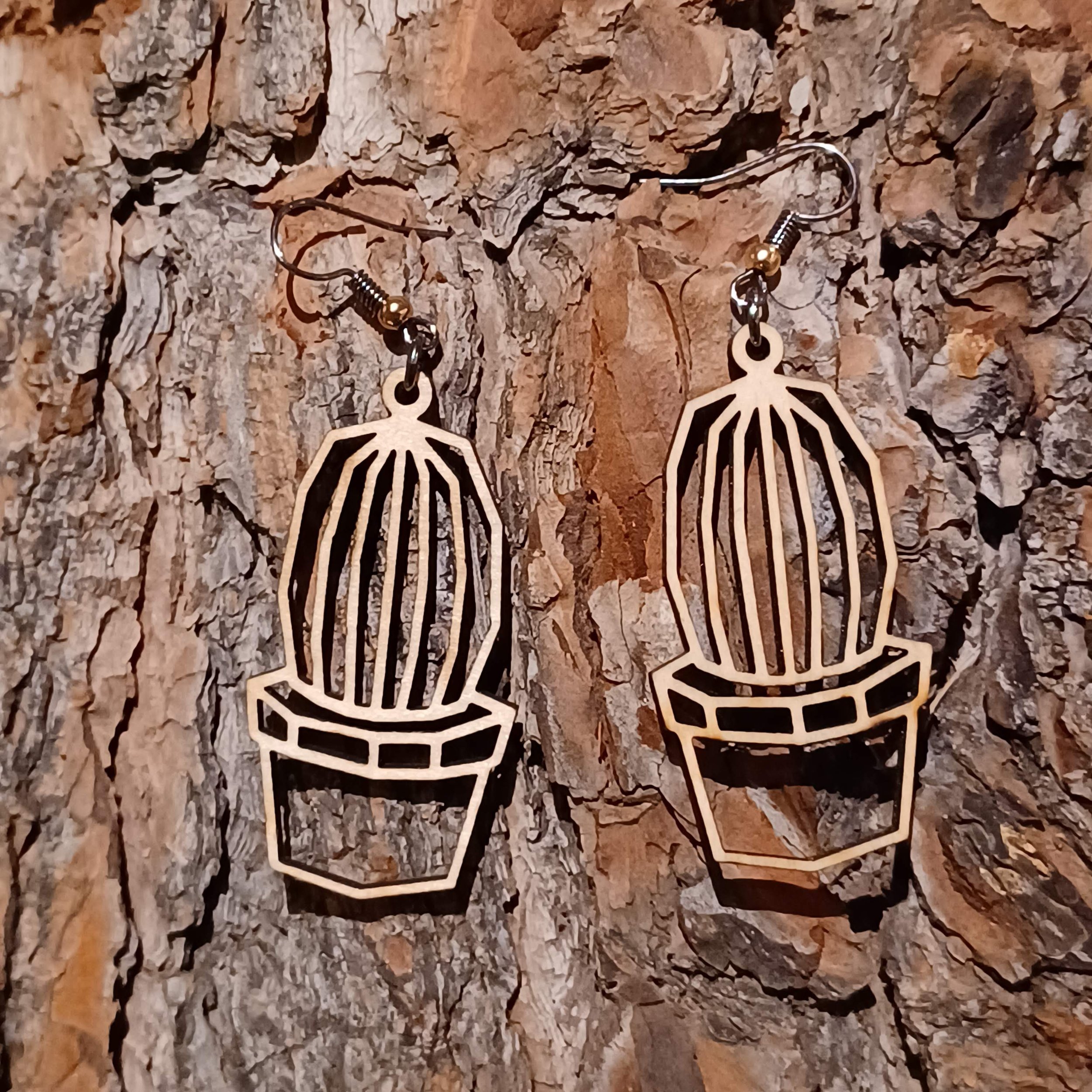Art Deco Style Cactus Wood Earrings
