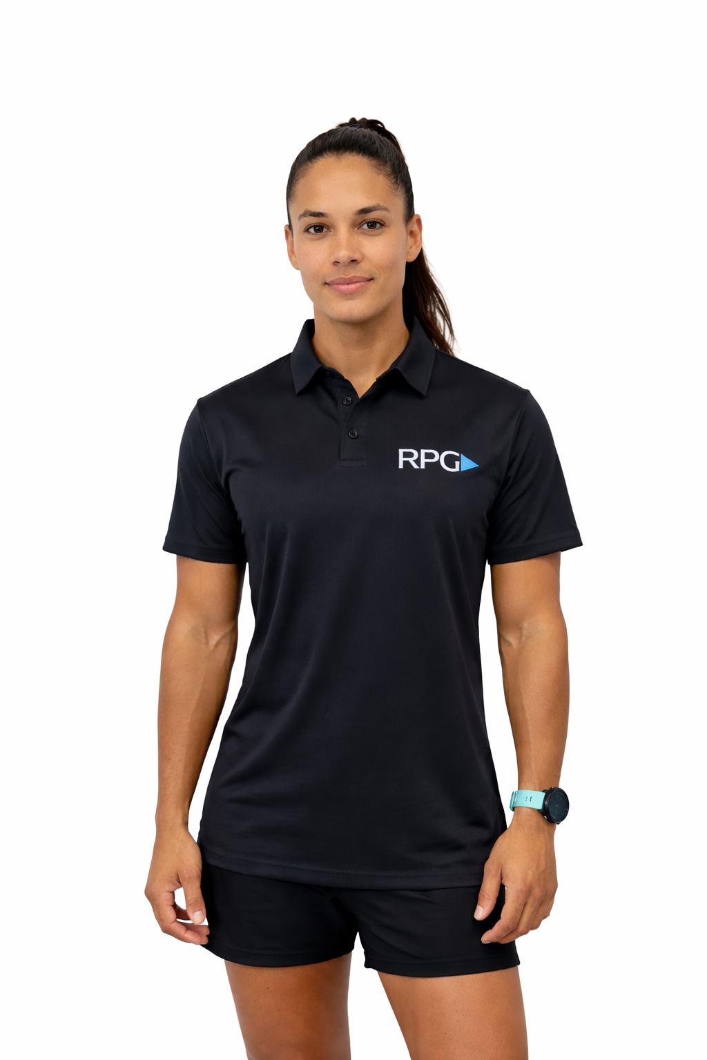Confident woman in branded polo shirt.png