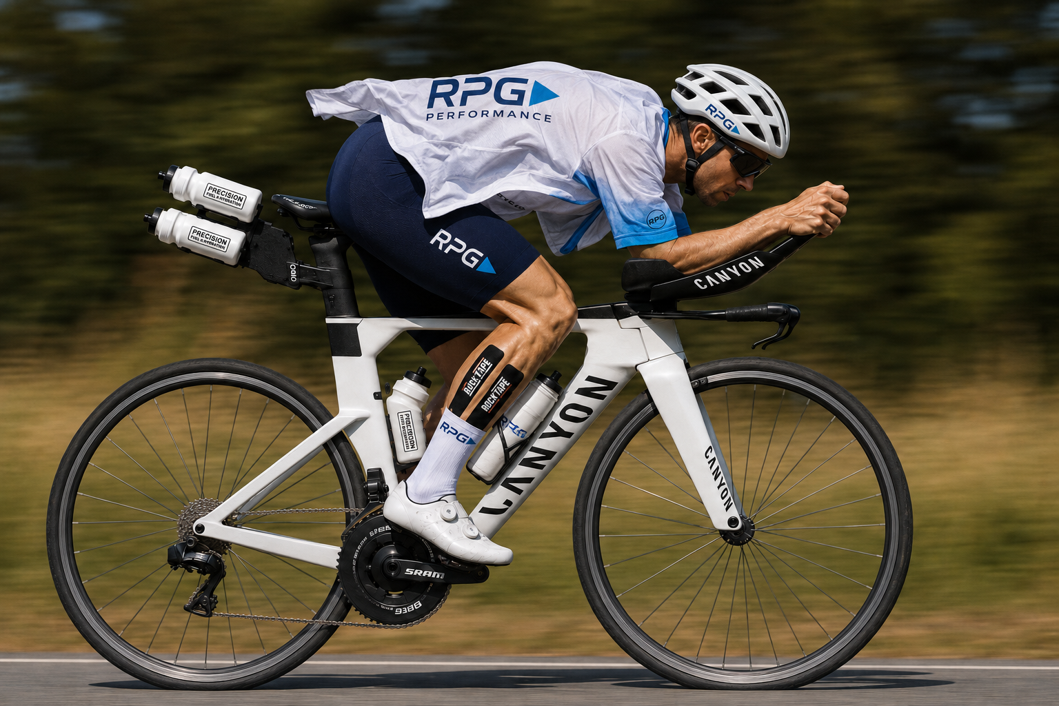 Side view of a cyclist in RPG Performance gear riding a white Canyon time-trial bike in an aerodynamic position.