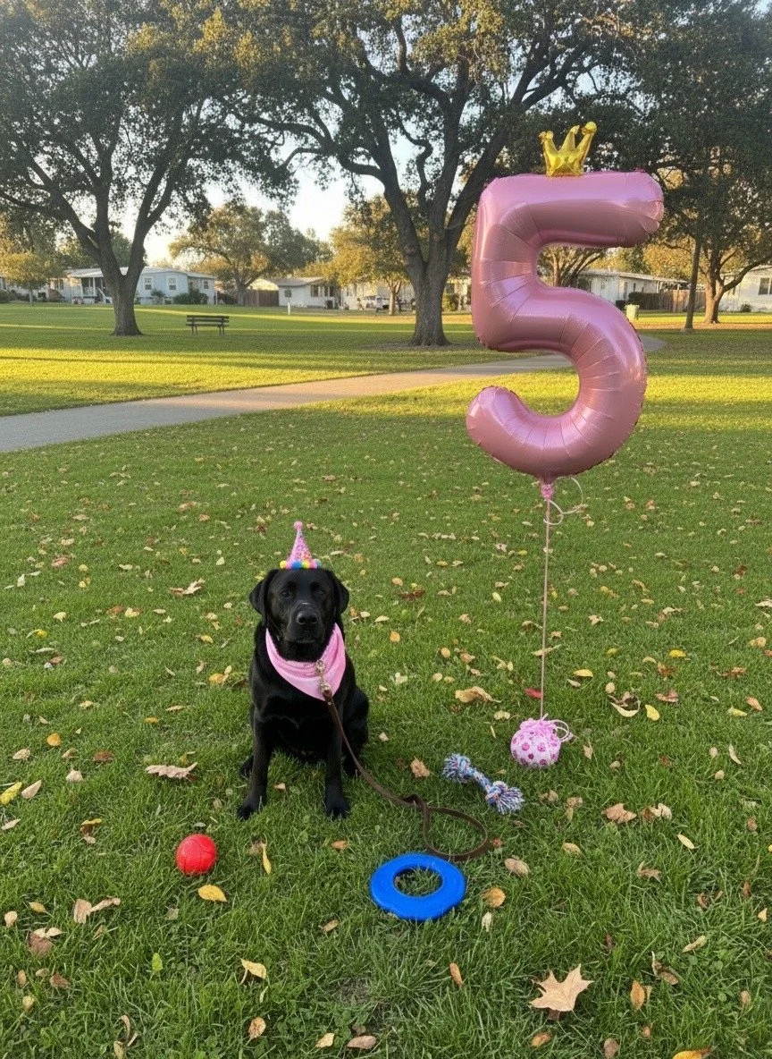 Eve in a park with toys around her along with her fifth birthday ballon.