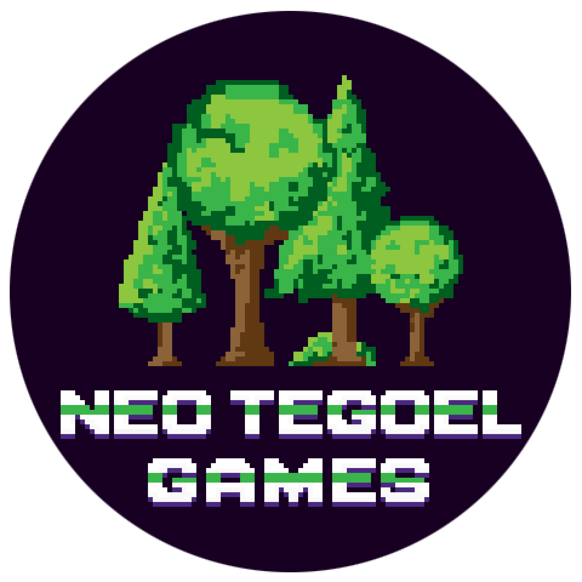 Pixel art of three green trees with brown trunks against a black background, with text underneath reading 'Neo Tokyo Games' in white and green letters.