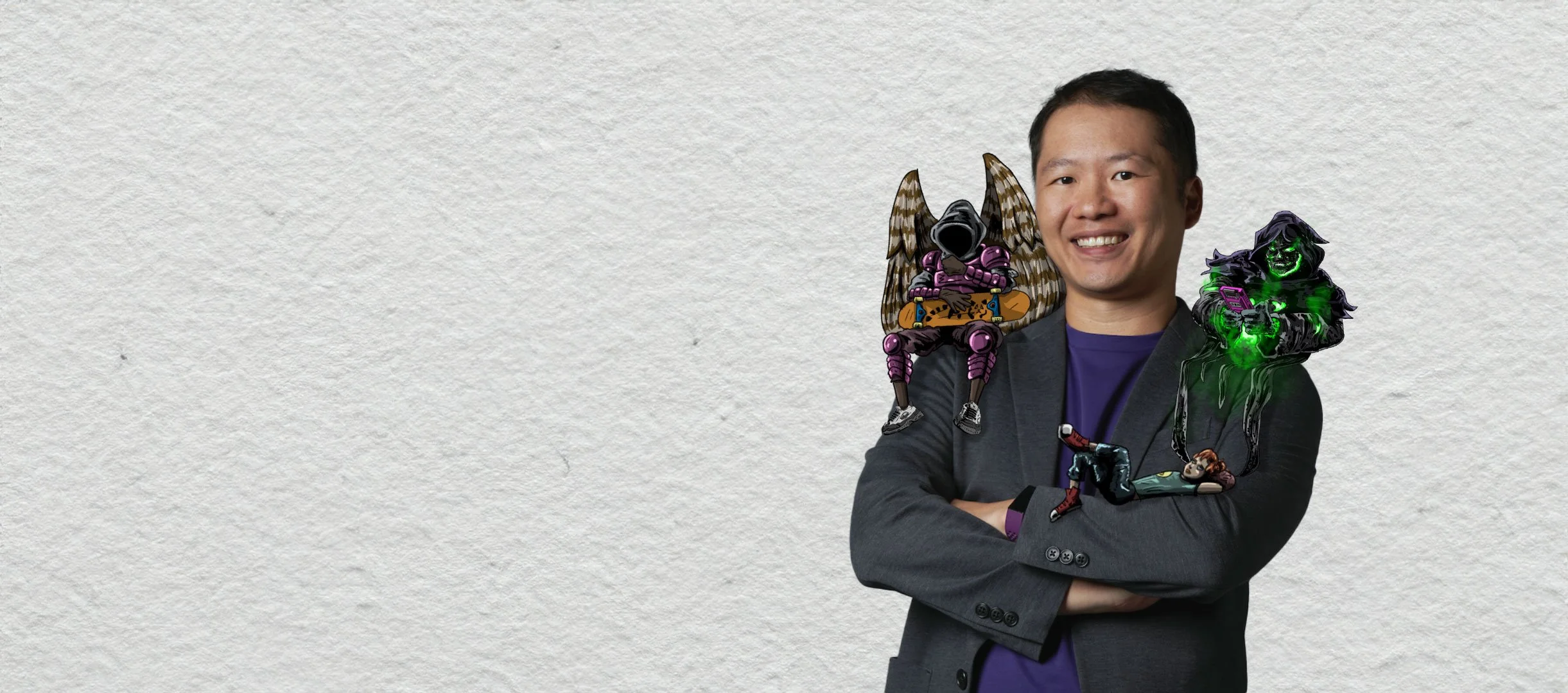 A man in a blazer is smiling with arms crossed. Around him are illustrations of various fictional characters: a purple and black insect-like creature, a green glowing figure with a sinister smile, and a small female superhero lying on the floor.