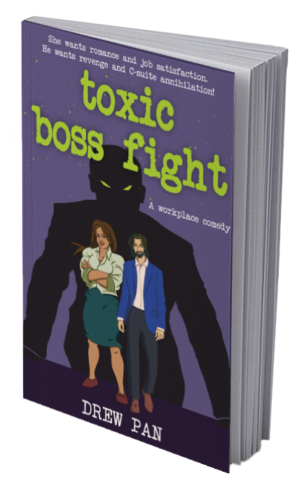 A hardcover book titled 'Toxic Boss Fight' by Drew Pan. The cover features a silhouette of a villain with glowing eyes behind two characters, a woman with crossed arms and a man with glasses, dressed in business attire.