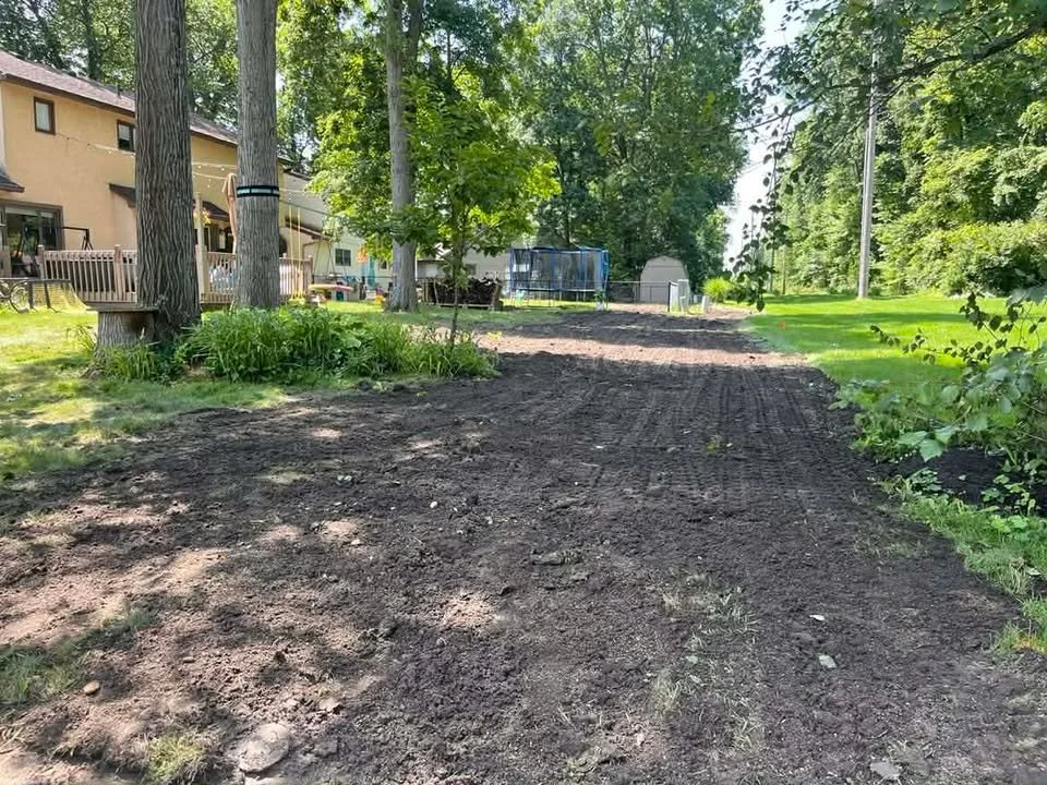 A backyard with a dirt path surrounded by trees, a house with a deck on the left, and a trampoline in the distance.