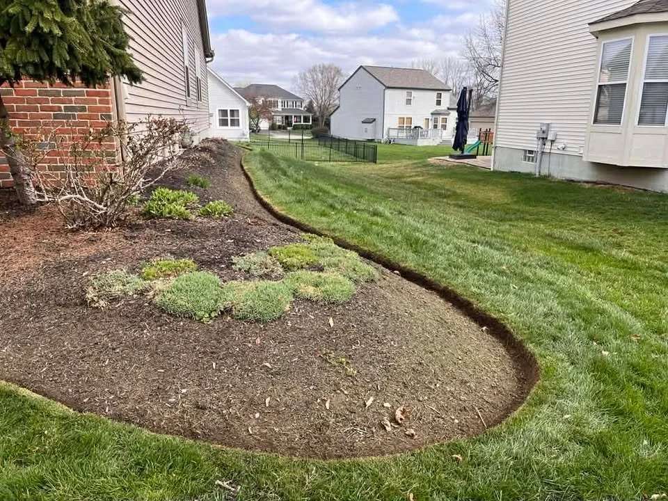 A yard with a flowerbed edging separating a mulched flowerbed with plants from a grassy lawn and a white house in the background.