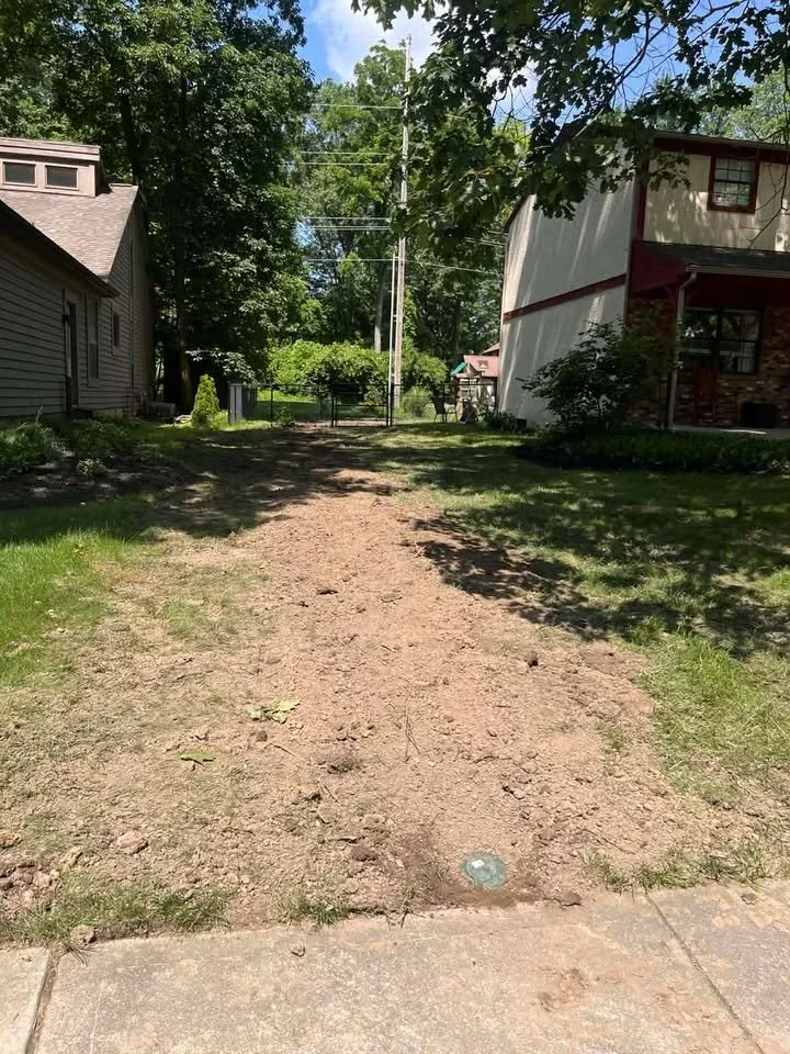 A dirt driveway between two houses in a residential neighborhood with trees and power lines in the background.