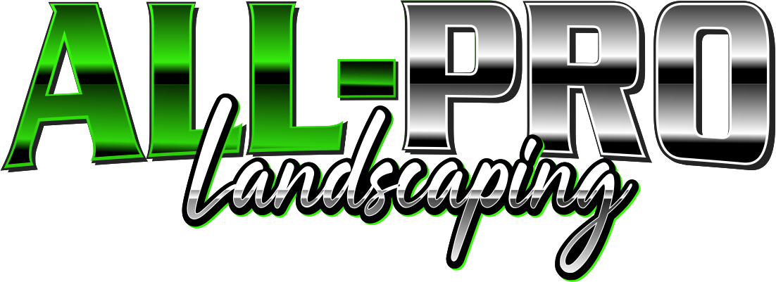 Logo for "All Pro Landscaping" with bold green and gray text and a black cursive "landscaping" overlay.