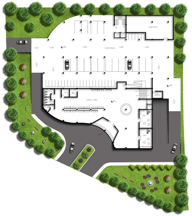 A layout plan of a building with parking spaces, surrounded by green trees and landscaped areas, including seating and pathway design.