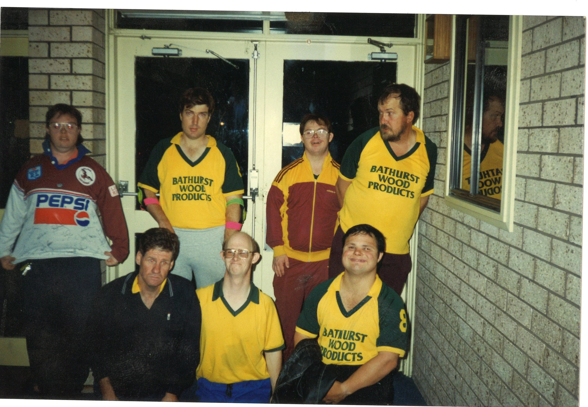 Greg standing with Bathurst Wood Products (Glenray Industrial Services)co workers, (year)