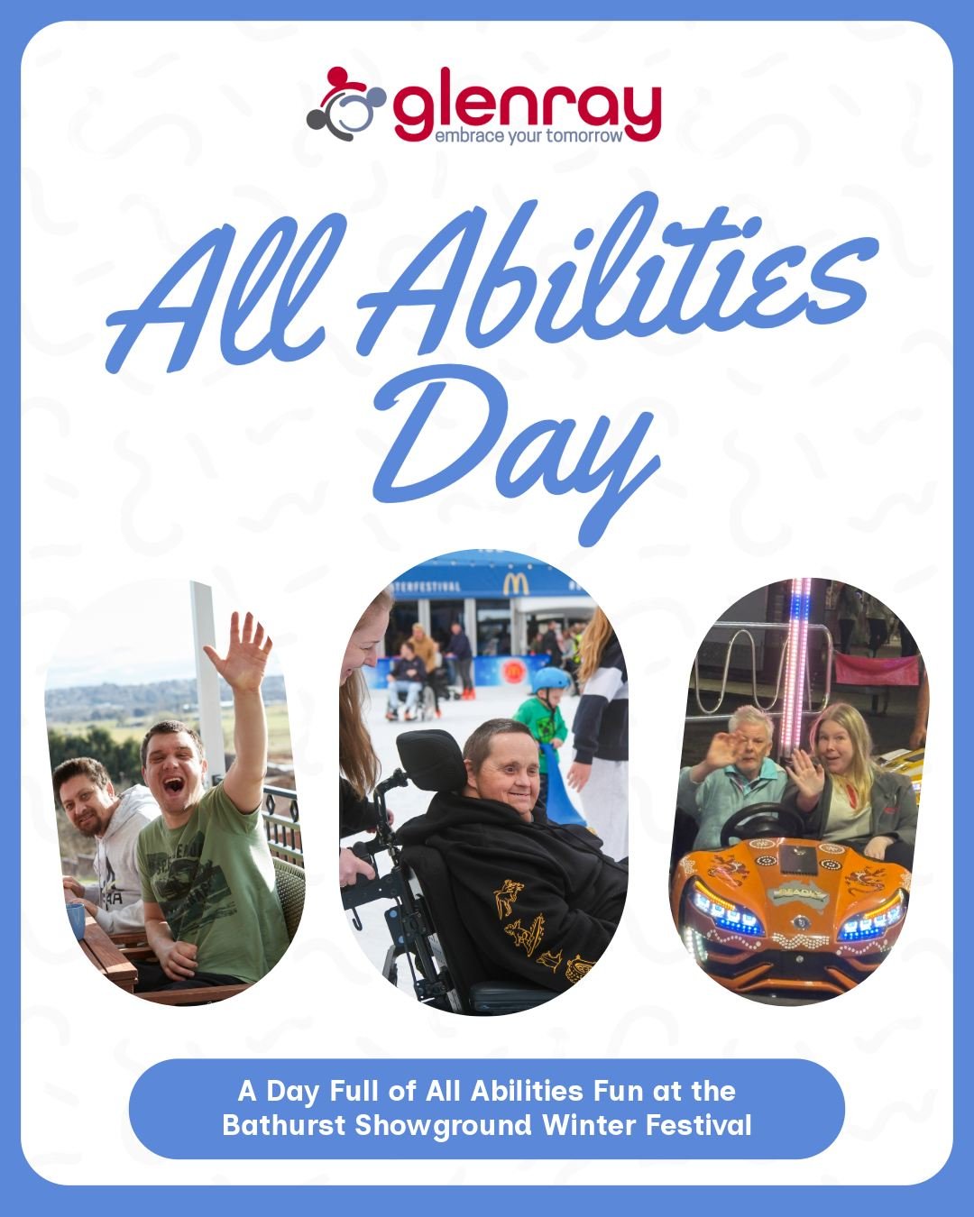 Have you checked out the Bathurst Winter Festival yet? Join us today for Glenray's All Abilities Day! ❄️💙

We'll be at the Bathurst Showgrounds from 11am and would love to meet you. Come and say hello, learn more about Glenray, grab some free goodie
