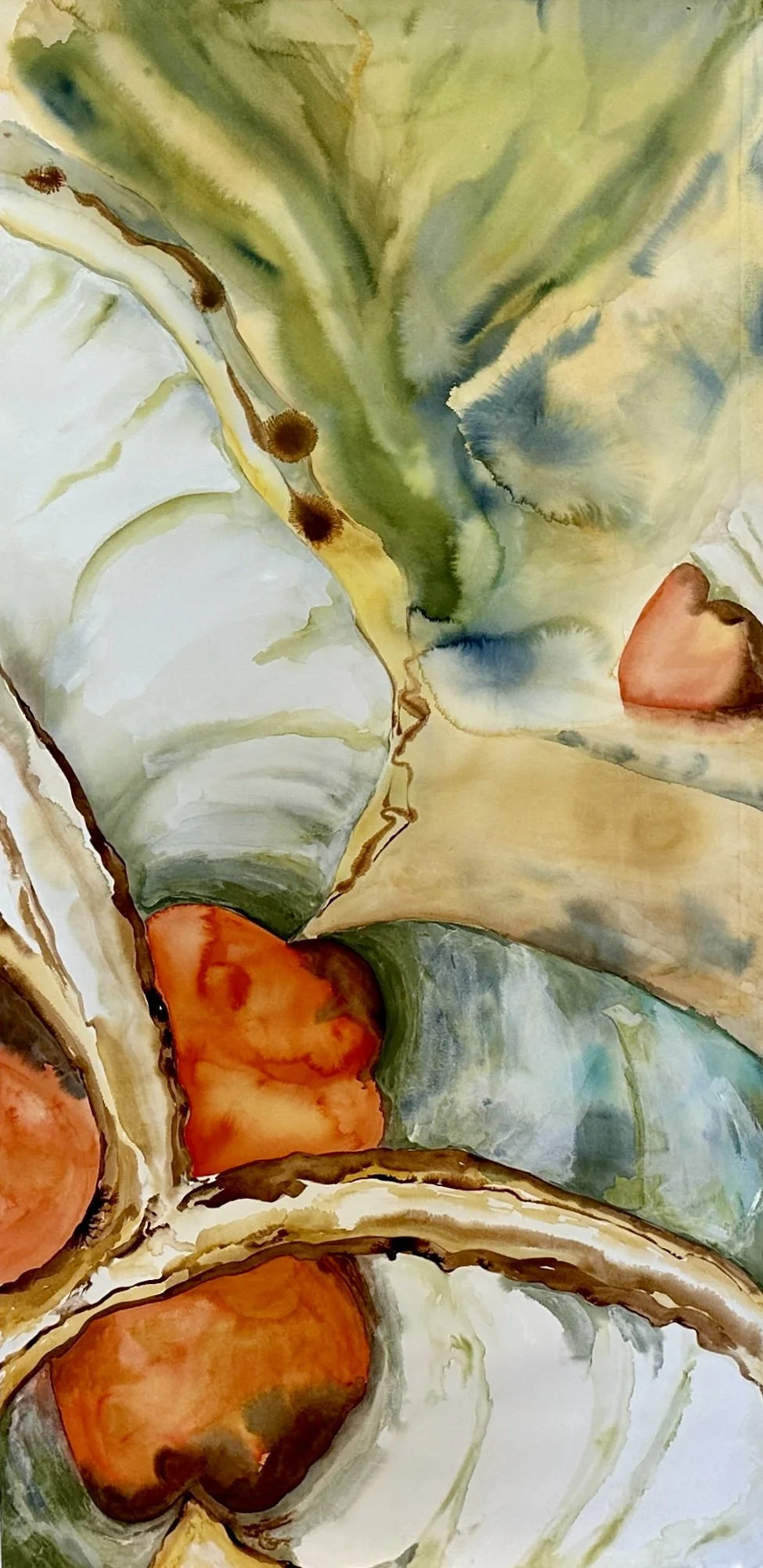 Palm Pod Green, 2023
Ink, watercolour and shellac on 300 gsm Canson cotton rag paper
150 × 75 cm