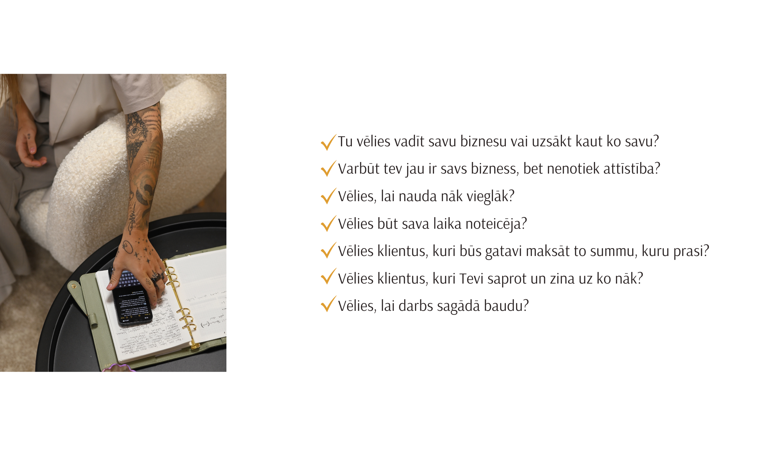 Tattooed arm holding a smartphone over an open notebook; Latvian text on the right about business growth and client relationships.