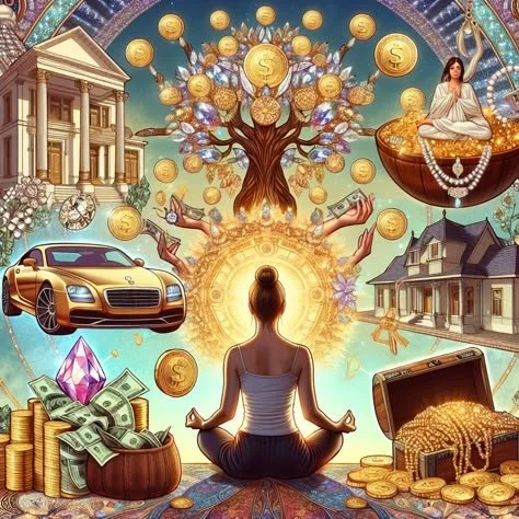 A person meditating in a colorful fantasy scene with a money tree, luxury car, mansion, treasure chest, gold coins, and spiritual symbols.