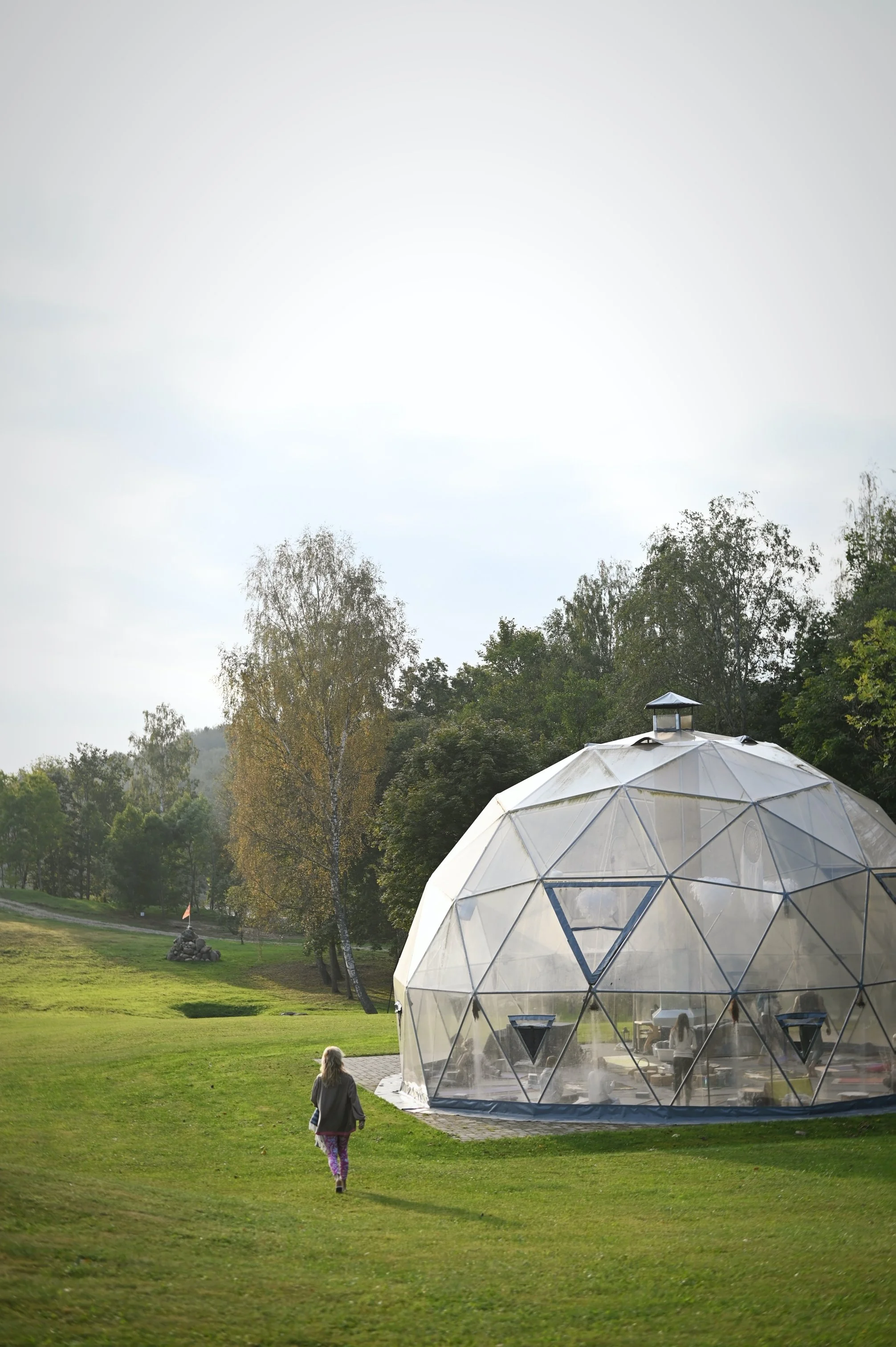 A person walking towards a geodesic dome structure outdoors on a grassy field with trees in the background.