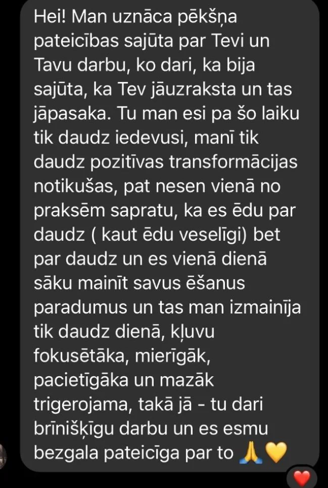 Screenshot of a message in Latvian discussing self-improvement and positive transformations in daily habits.