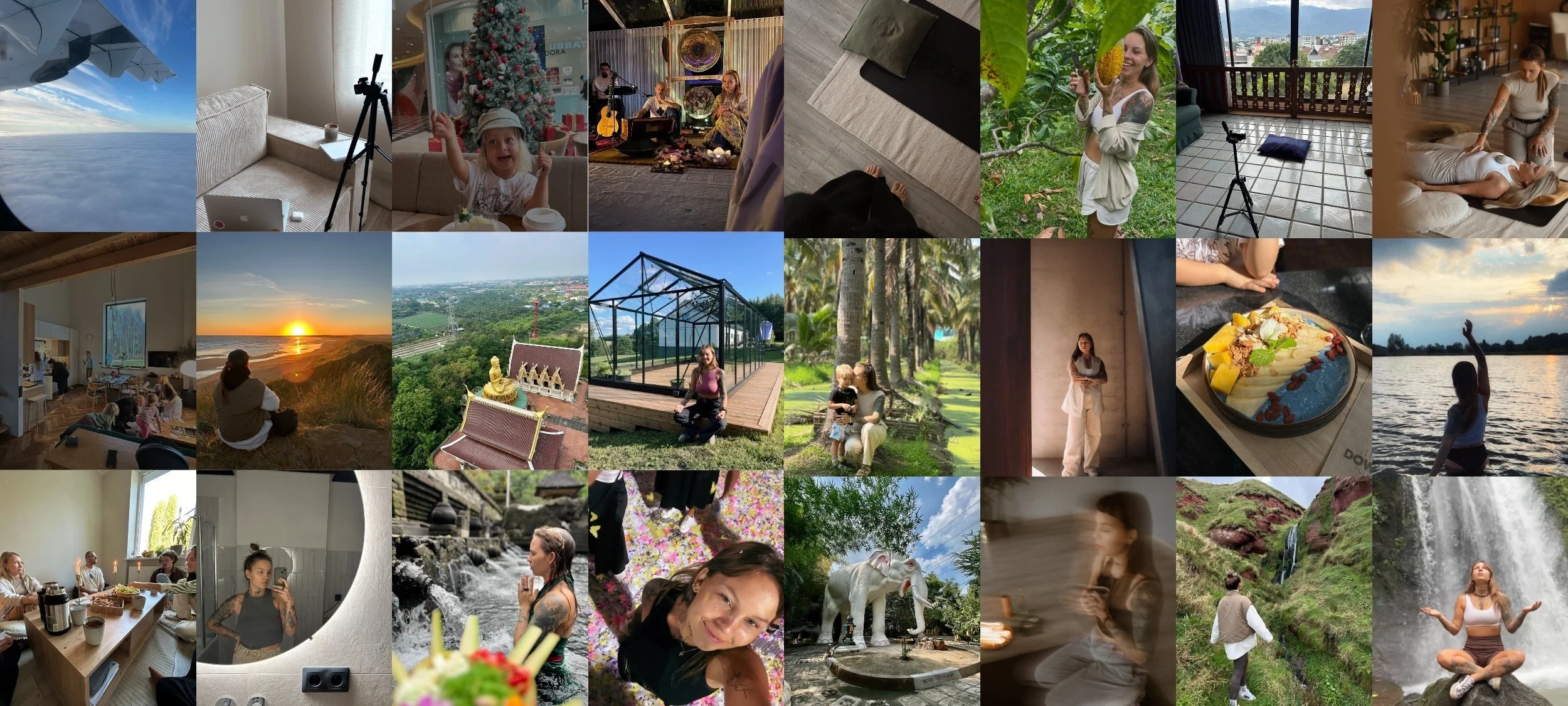 A collage of various scenes including people traveling, relaxing, and enjoying nature. The images feature activities such as sitting indoors, taking photos outdoors, visiting botanical gardens, enjoying sunsets, and practicing yoga near waterfalls.