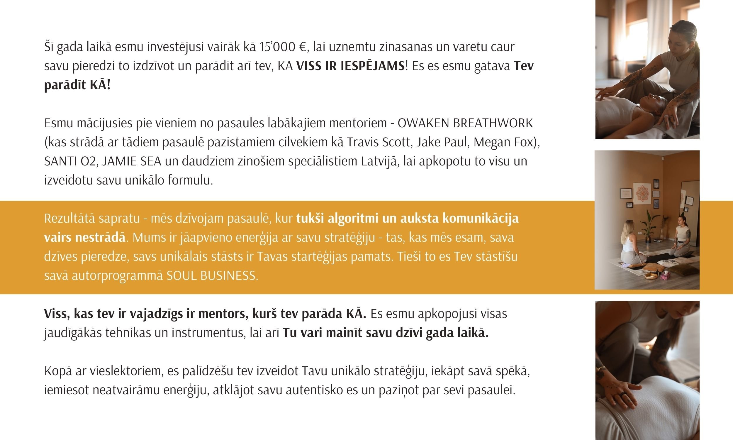 A Latvian-language flyer promoting a personal development program, featuring text describing mentorship experiences and strategies for change. The flyer includes images of people engaged in meditation or wellness activities.