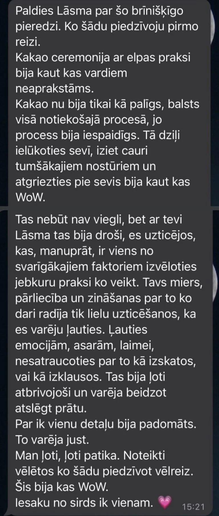 Latvian text message expressing gratitude and describing a profound experience during a cacao ceremony with breathing practice.
