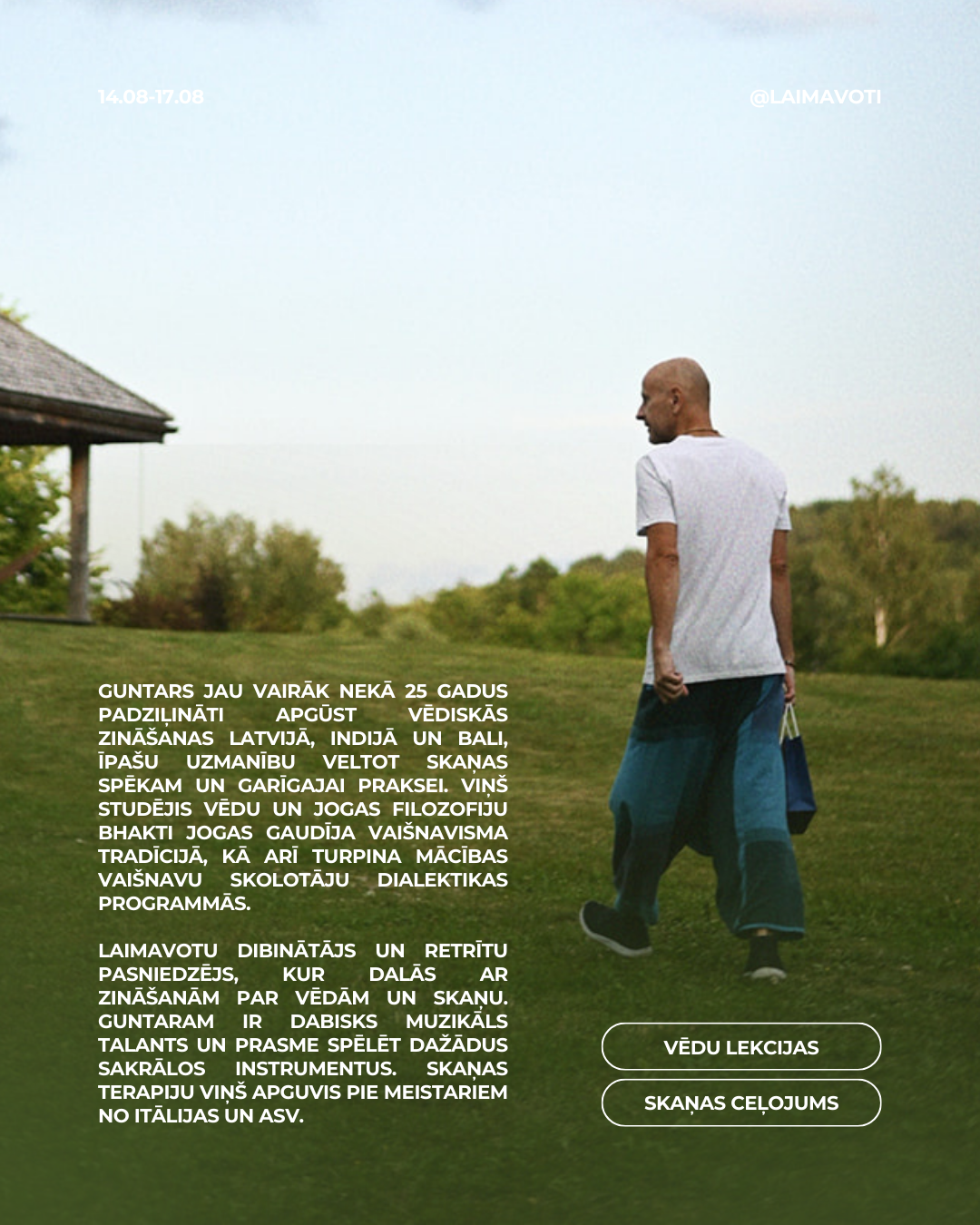 A man walking on grass in a park, carrying a bag, with trees and a small building in the background and text overlay in Latvian about yoga, philosophy, and music therapy.