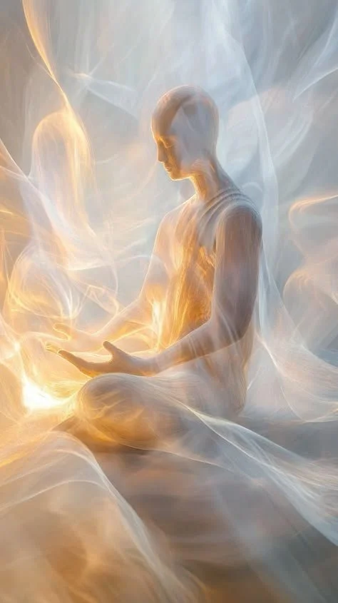 A digital illustration of a human figure in a meditative pose, surrounded by glowing, swirling energy and light.