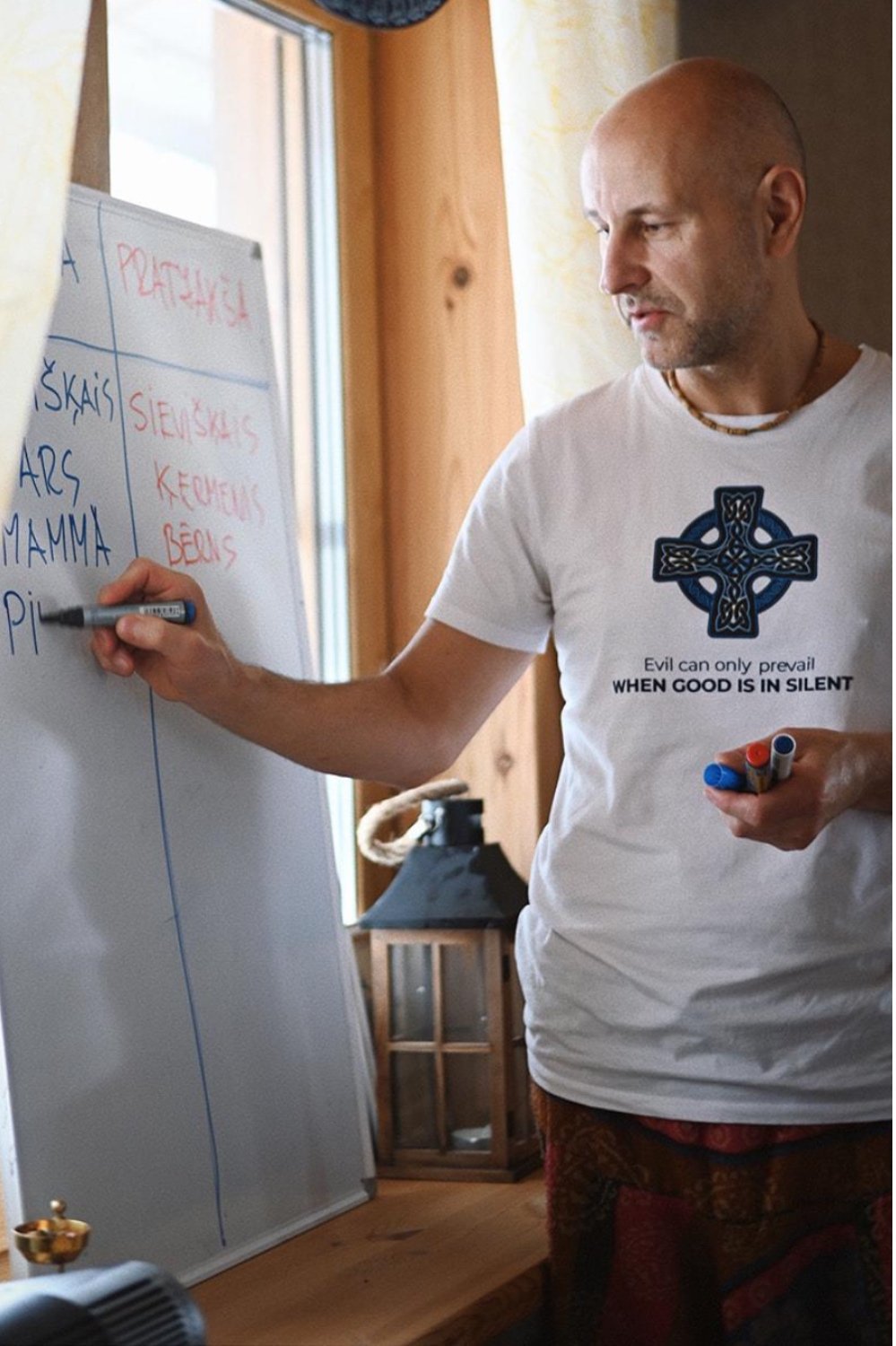 Man with a bald head in a white t-shirt writing on a whiteboard, with a window and wooden furniture in the background.