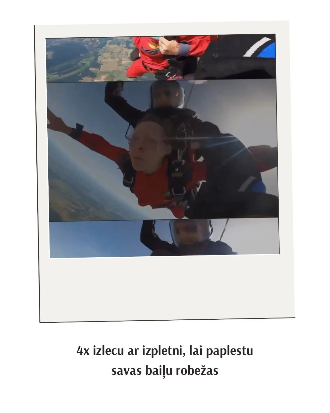 A polaroid photo capturing a tandem skydiving jump, with two skydivers free-falling through the sky over a landscape of fields. The skydiver in front looks surprised and is wearing an orange jumpsuit, while the instructor behind is in black. The phot