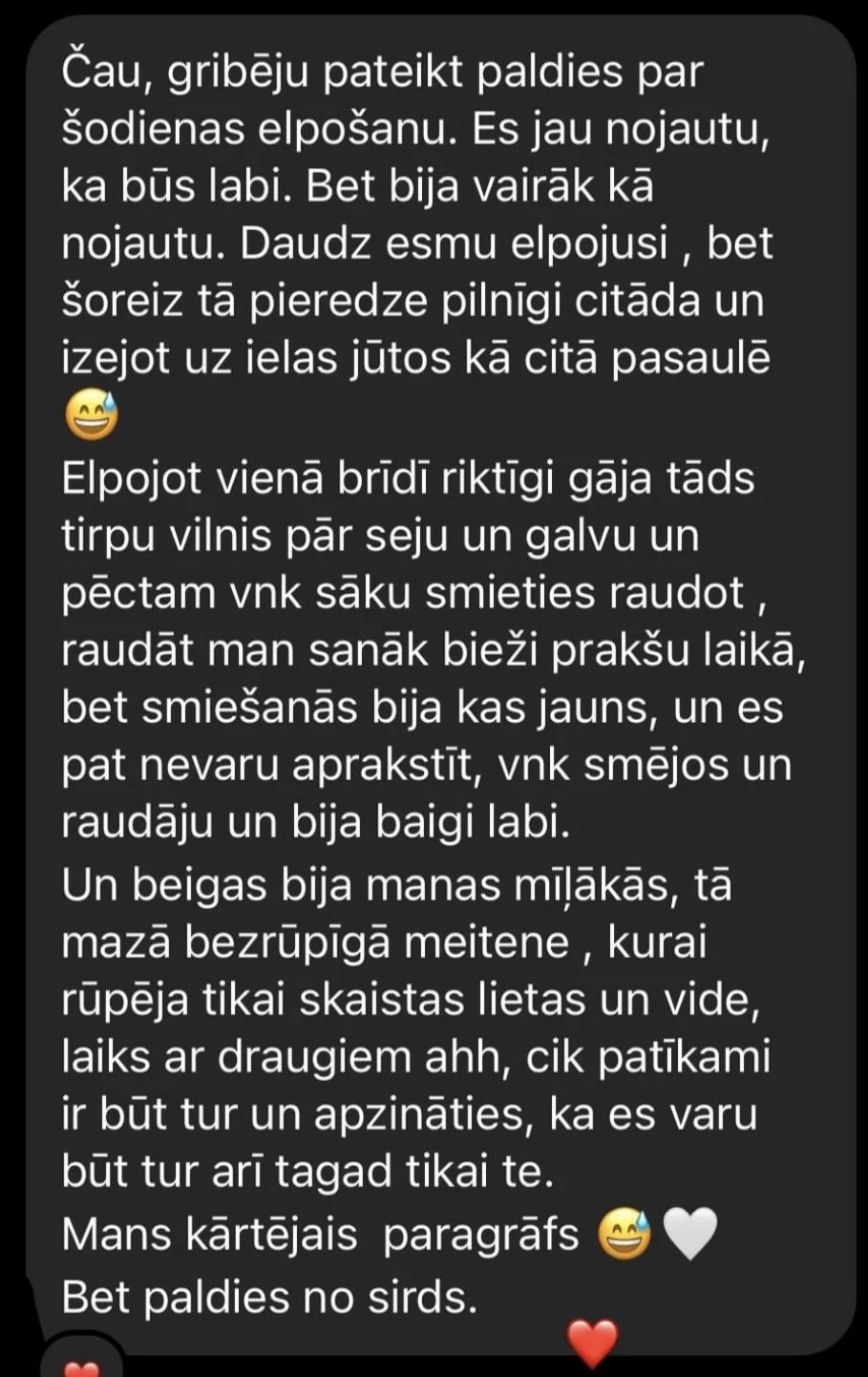 Screenshot of a message in Latvian expressing gratitude and reflection, mentioning feelings of joy and relief experienced during breathing exercises. Includes smiley face and heart emojis.
