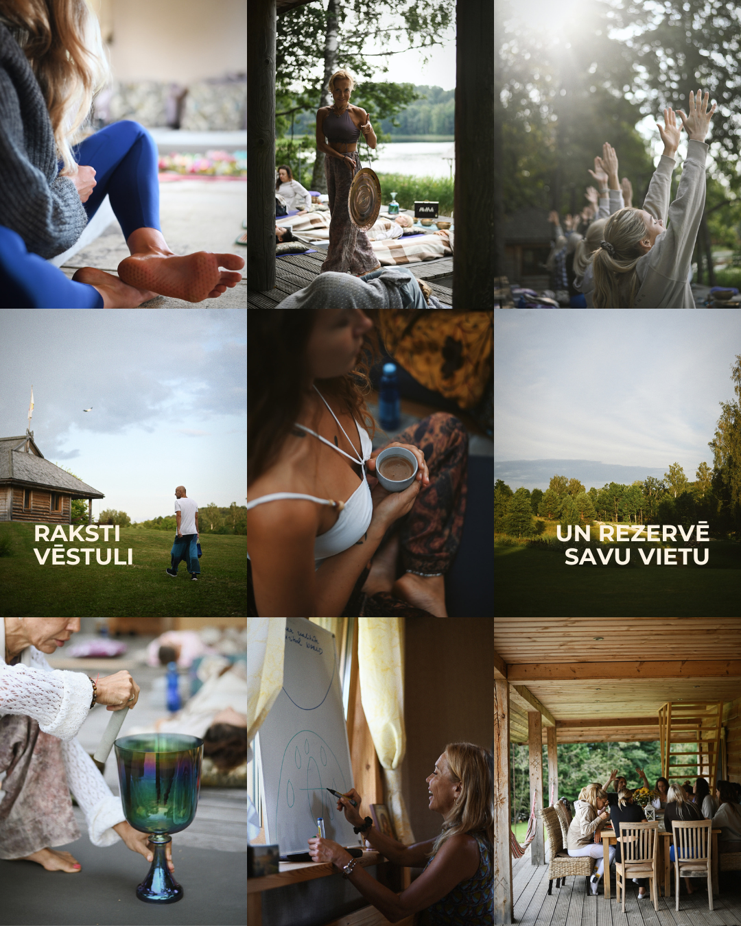 A collage of images showing outdoor activities and relaxation, including a woman doing yoga, a woman playing a singing bowl by a lake, a group practicing a meditation pose with raised hands, a person walking in front of a traditional building, a woma