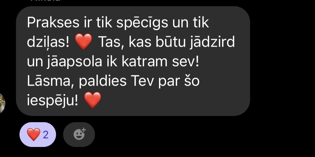 A screenshot of a message in Latvian, expressing encouragement and affection, with two red heart emojis. The message talks about practicing TikTok dancing, encouraging viewers to try and post a video, and wishing God to bless them.