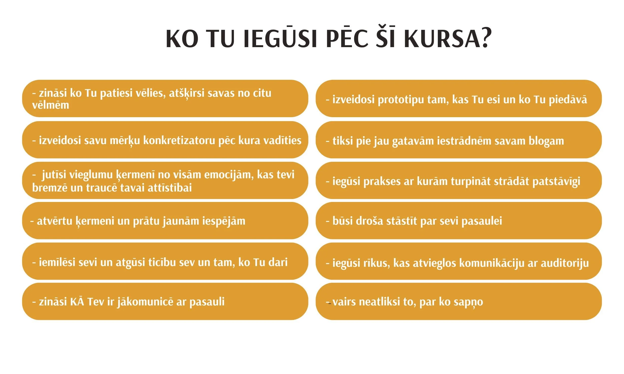 Image of a Latvian text listing the outcomes of a course. The list includes personal development goals such as understanding personal desires, creating goals, emotional clarity, open-mindedness, self-love, communication skills, confidence, practice, storytelling, and using tools for audience communication.
