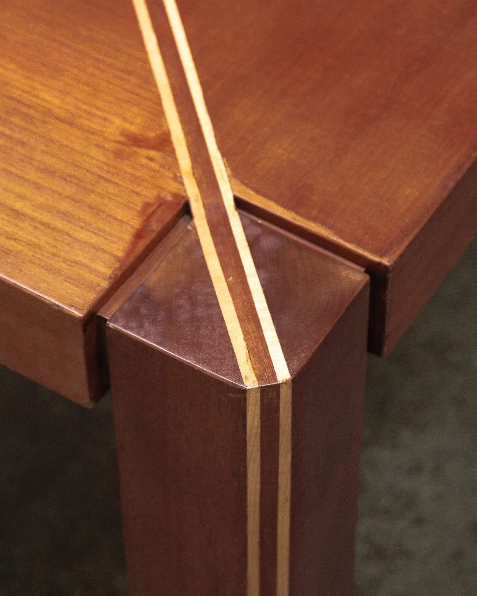 vintage mid-century dining table  Art Deco dining table  solid wood dining table  geometric veneer inlay  fruitwood veneer  mid-century modern