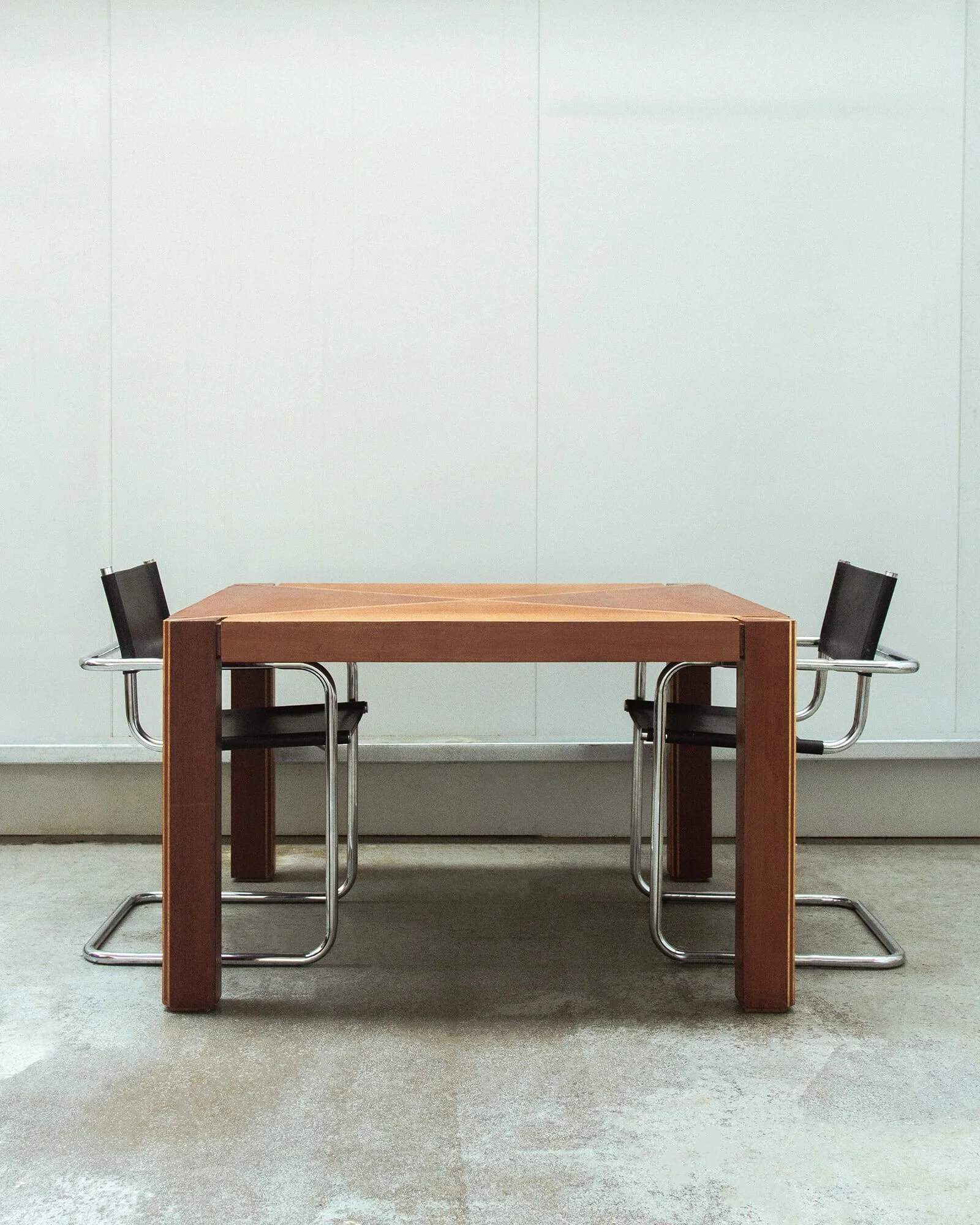 vintage mid-century dining table  Art Deco dining table  solid wood dining table  geometric veneer inlay  fruitwood veneer  mid-century modern